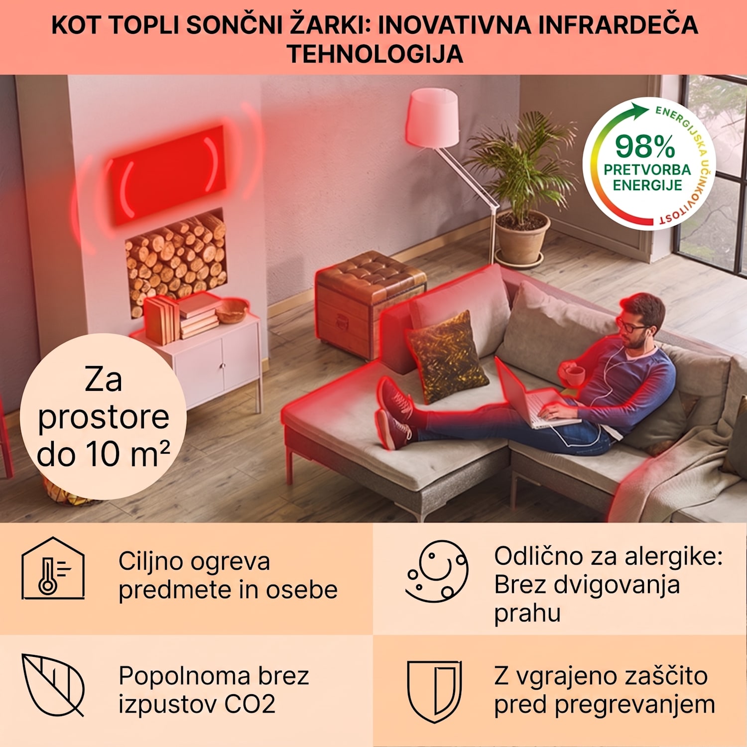 La Palma 500 smart, pametni grelnik, 2 v 1, Infrardeči, 60 x 60 cm, 500W, ogledalo spredaj 60 x 60 cm | 500 W | Črna