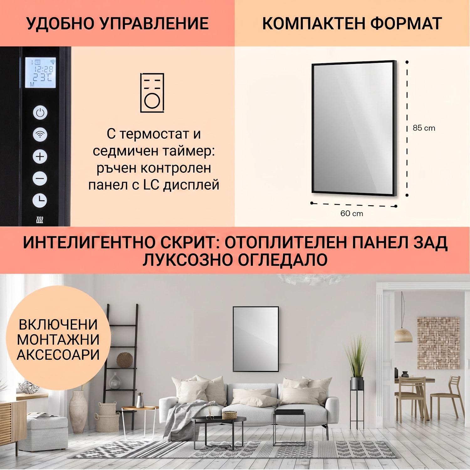 La Palma 750 smart отоплител 2 in 1 Инфрачервен конвектор 85x60 см 500W огледална предна част 60 x 85 cm | 750 W | Черно
