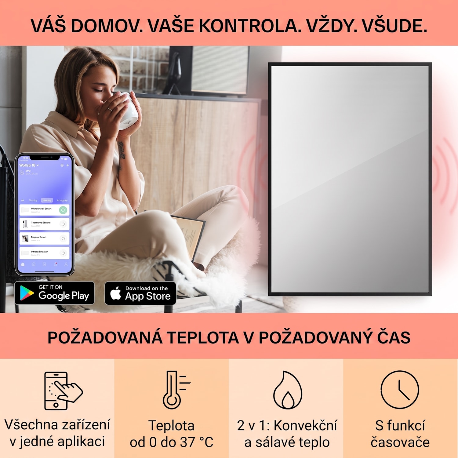 La Palma 700, infračervený ohřívač 2 v 1, smart, 85 x 60 cm, 750 W, zrcadlová přední strana 60 x 85 cm | 750 W | Černá