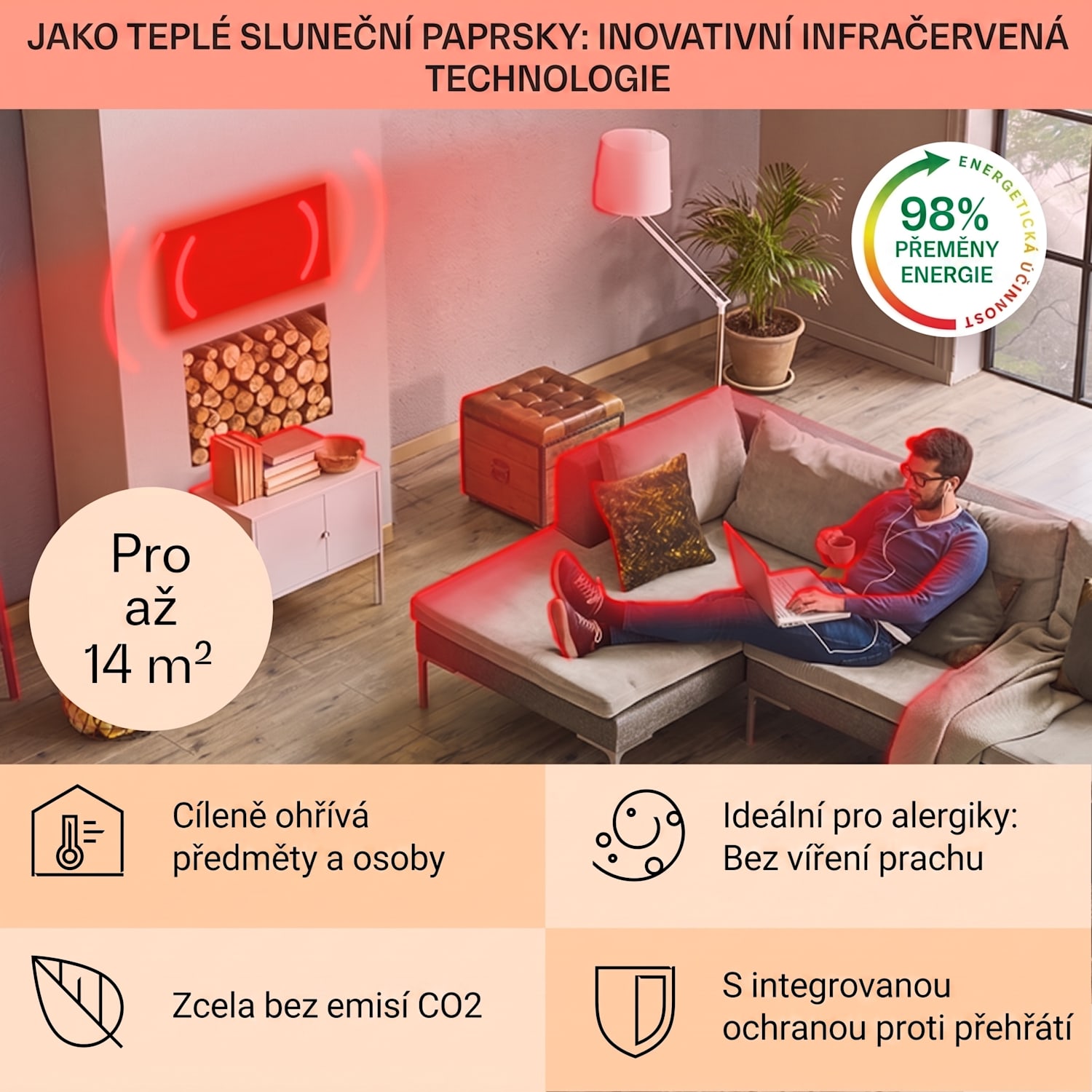 La Palma 700, infračervený ohřívač 2 v 1, smart, 85 x 60 cm, 750 W, zrcadlová přední strana 60 x 85 cm | 750 W | Černá