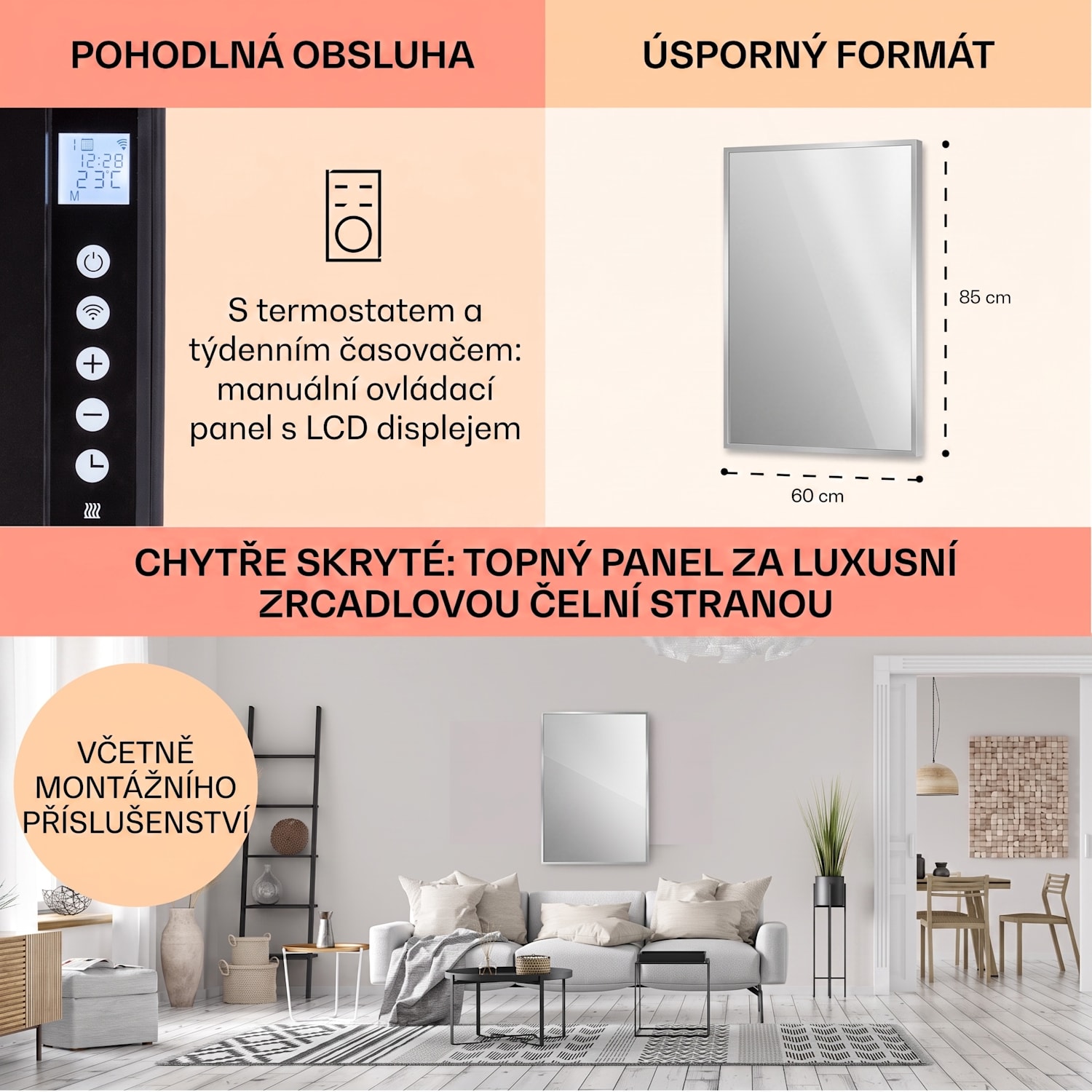 La Palma 700, infračervený ohřívač 2 v 1, smart, 85 x 60 cm, 750 W, zrcadlová přední strana 60 x 85 cm | 750 W | Černá