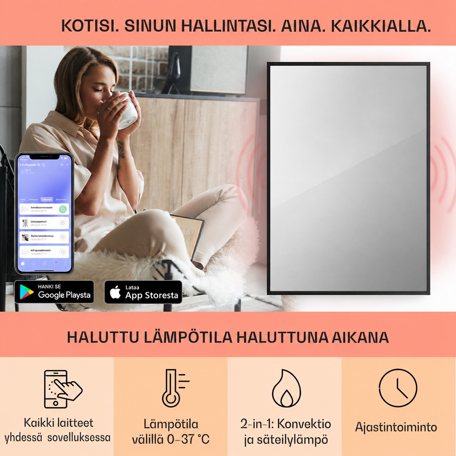 La Palma 750 smart 2 in 1 -lämmitin infrapuna konvektori 85x60 cm 750W peilaava etupuoli 60 x 85 cm | 750 W | Musta