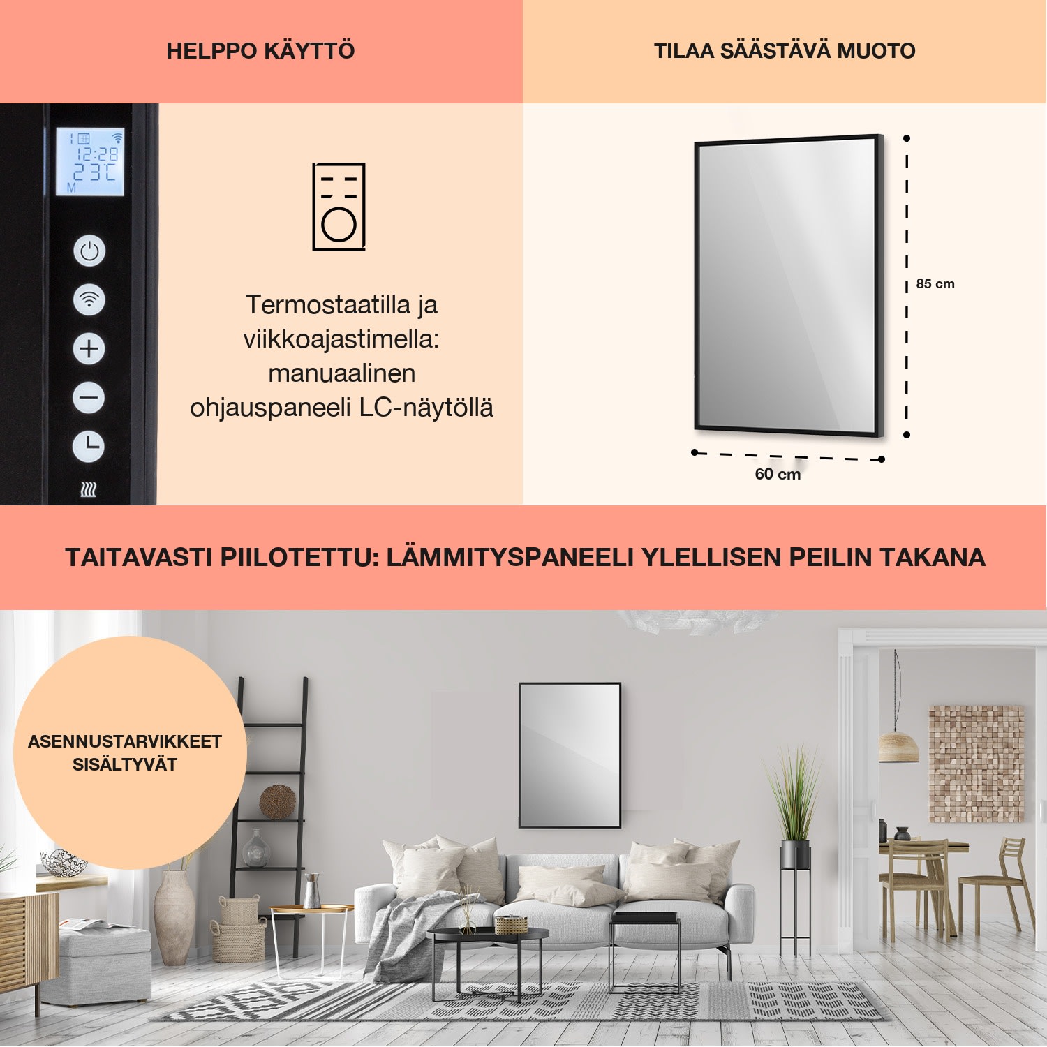 La Palma 750 smart 2 in 1 -lämmitin infrapuna konvektori 85x60 cm 750W peilaava etupuoli 60 x 85 cm | 750 W | Musta