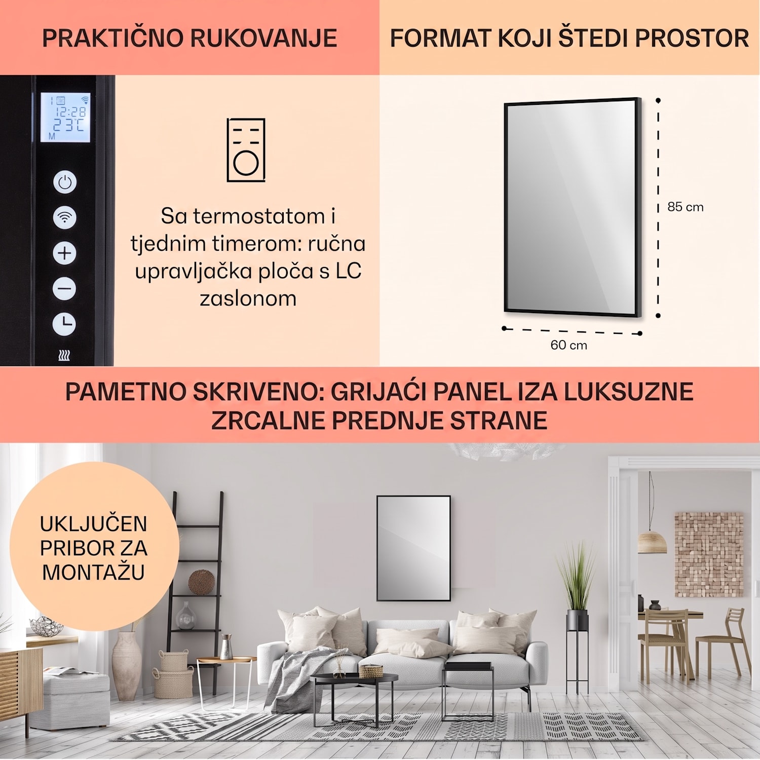 La Palma 750 pametni grijač 2 u 1 infracrveni konvektor 85x60cm 750W ogledalo prednje 60 x 85 cm | 750 W | Crna