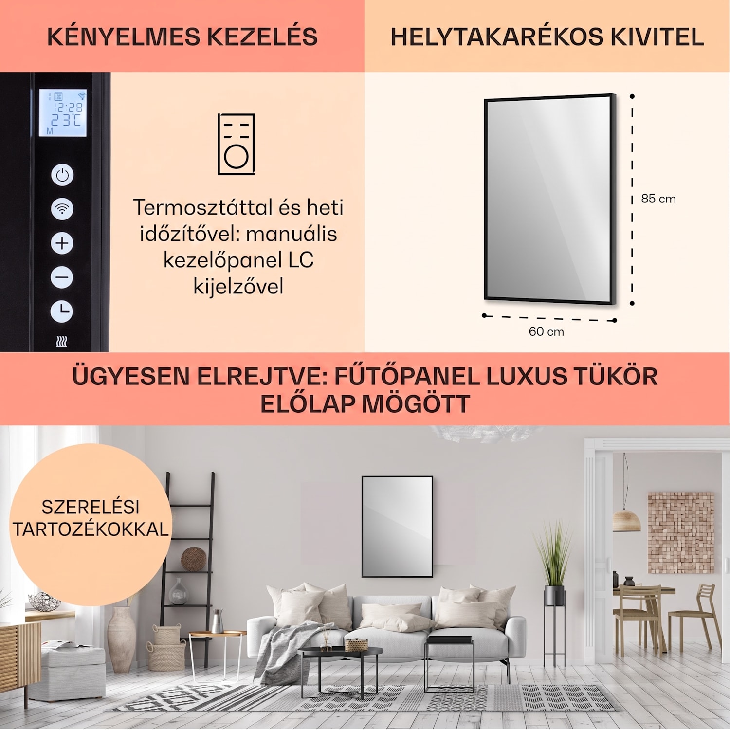 La Palma 750 smart, infravörös hősugárzó 2 az 1-ben, 85 x 60 cm, 750 W, tükör elülső rész 60 x 85 cm | 750 W | Fekete