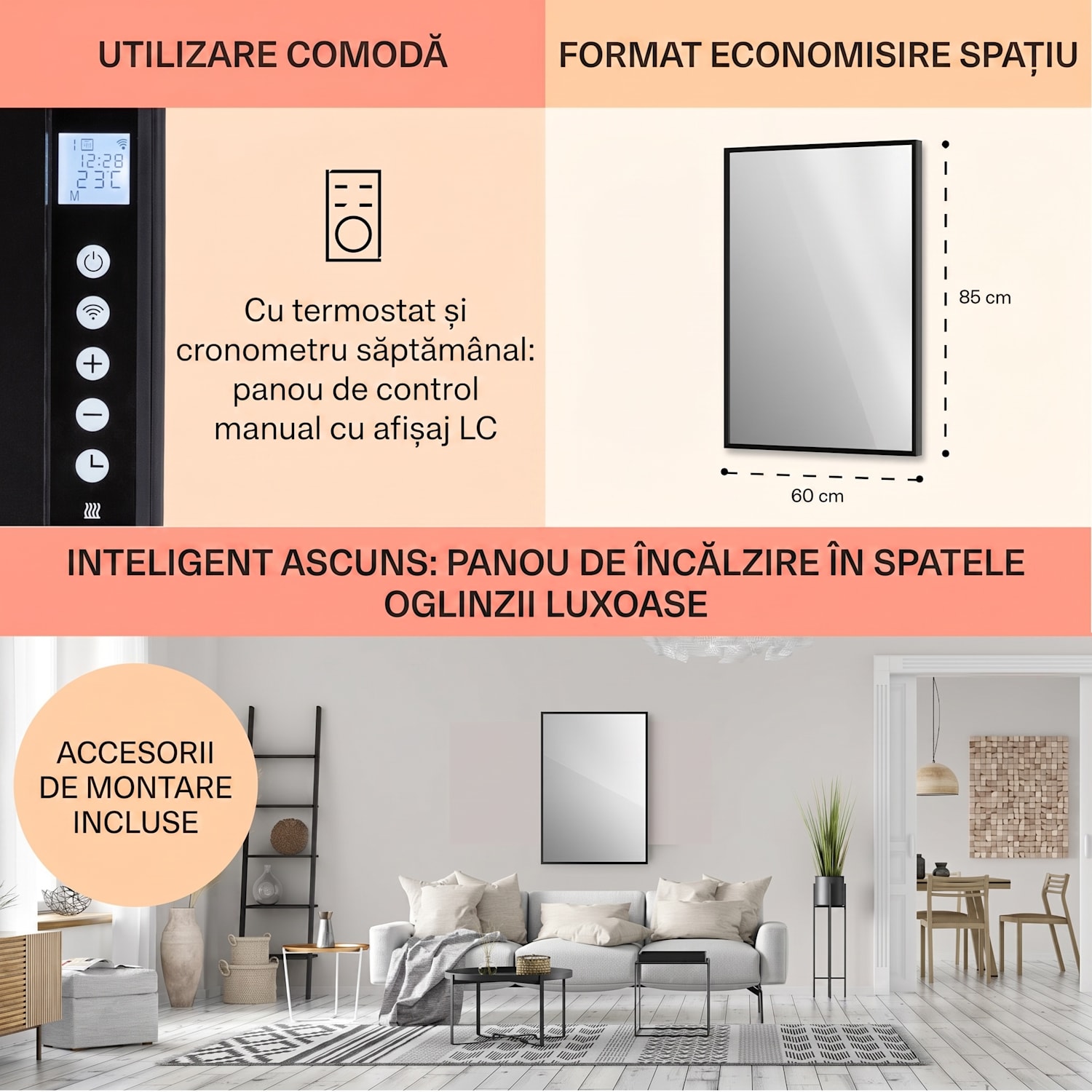 La Palma 750 încălzitor smart 2 în 1 Convector infraroșu 85 x 60 cm 750 W partea frontală cu oglindă 60 x 85 cm | 750 W | Negru