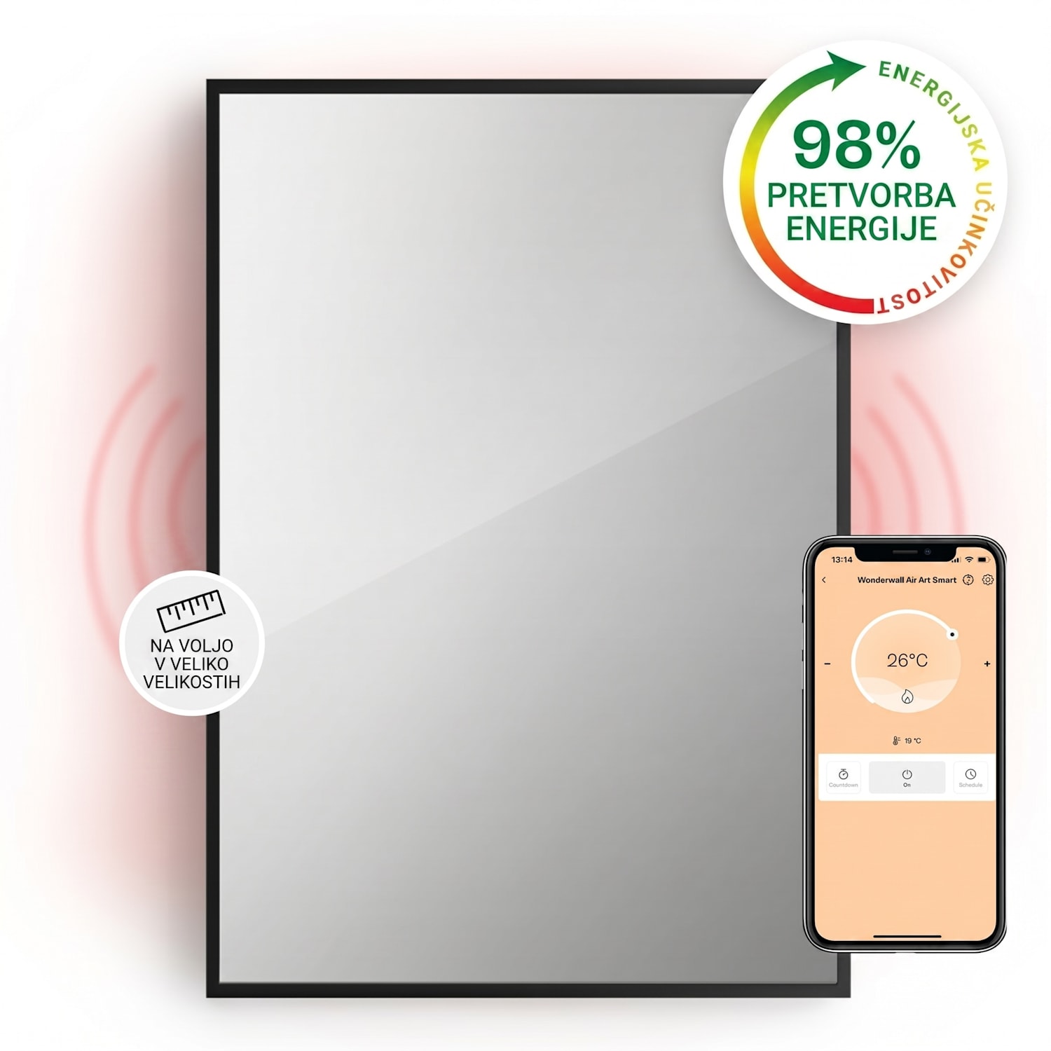 La Palma 750 pametni grelnik 2 v 1 Infrardeči konvektor 85x60cm 750W ogledalo spredaj 60 x 85 cm | 750 W | Črna