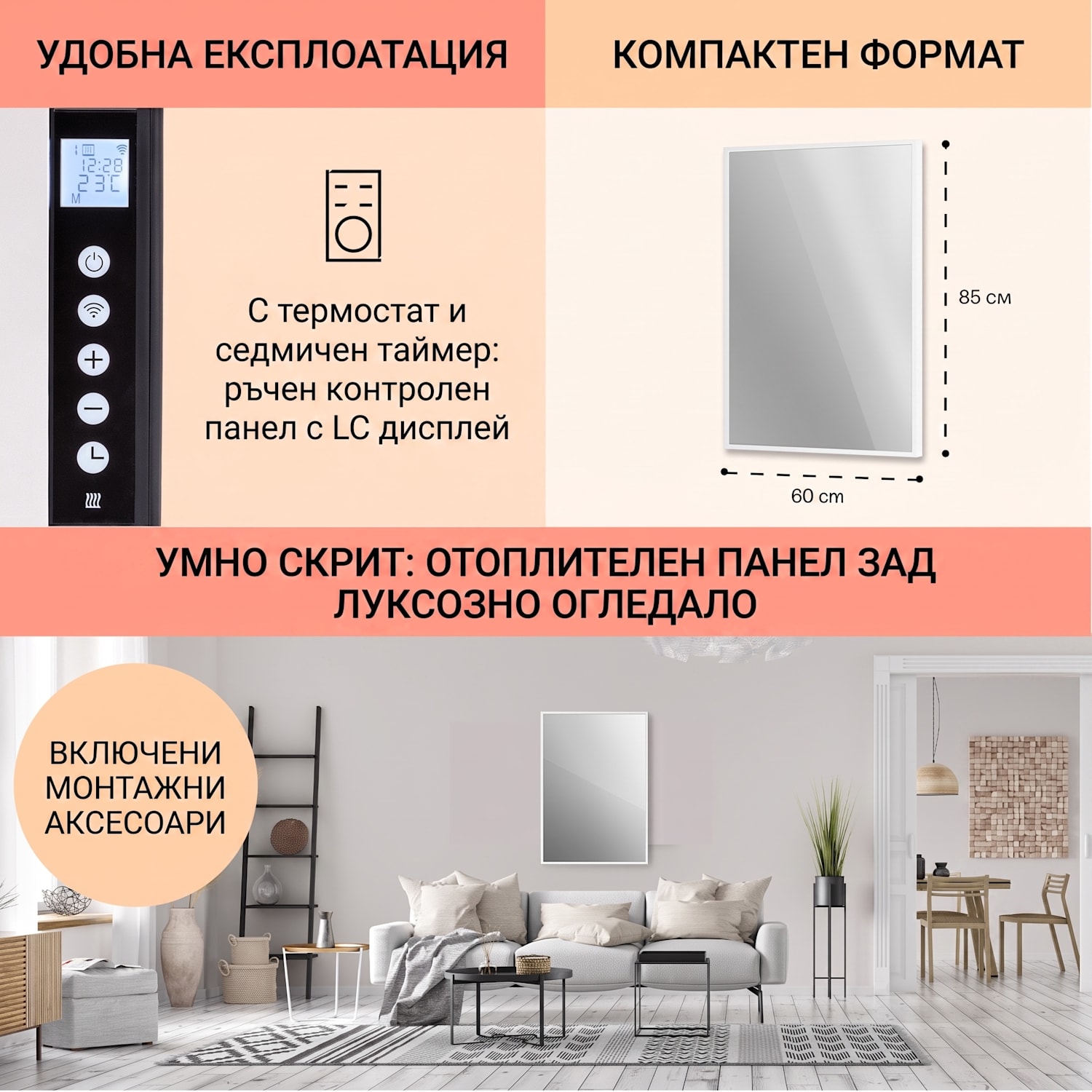La Palma 750 smart отоплител 2 in 1 Инфрачервен конвектор 85x60 см 500W огледална предна част 60 x 85 cm | 750 W | Бял