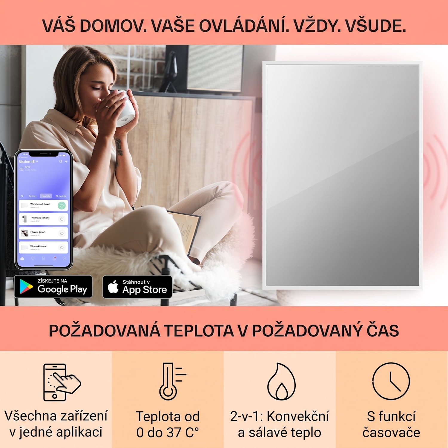 La Palma 700, infračervený ohřívač 2 v 1, smart, 85 x 60 cm, 750 W, zrcadlová přední strana 60 x 85 cm | 750 W | Bílá