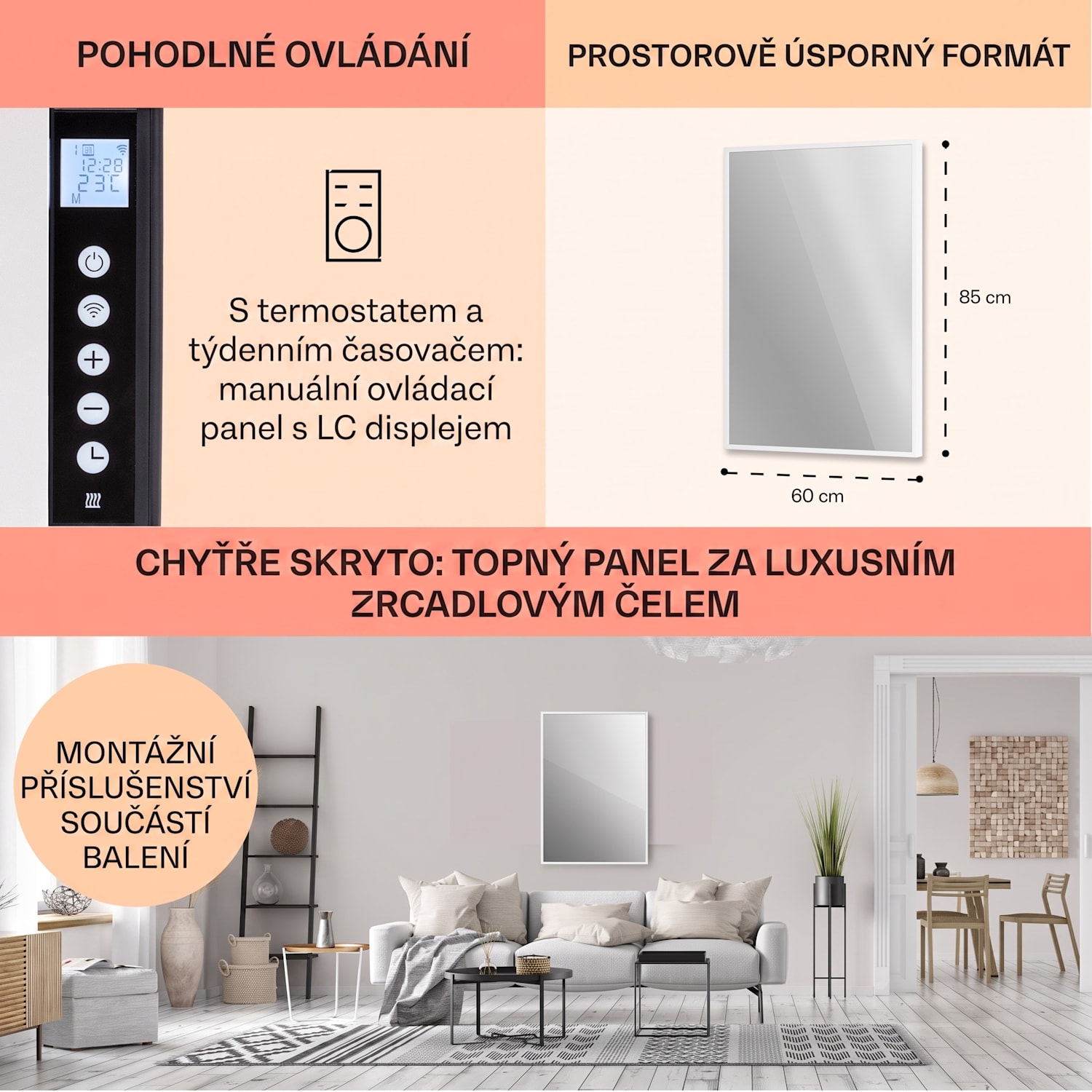 La Palma 700, infračervený ohřívač 2 v 1, smart, 85 x 60 cm, 750 W, zrcadlová přední strana 60 x 85 cm | 750 W | Bílá