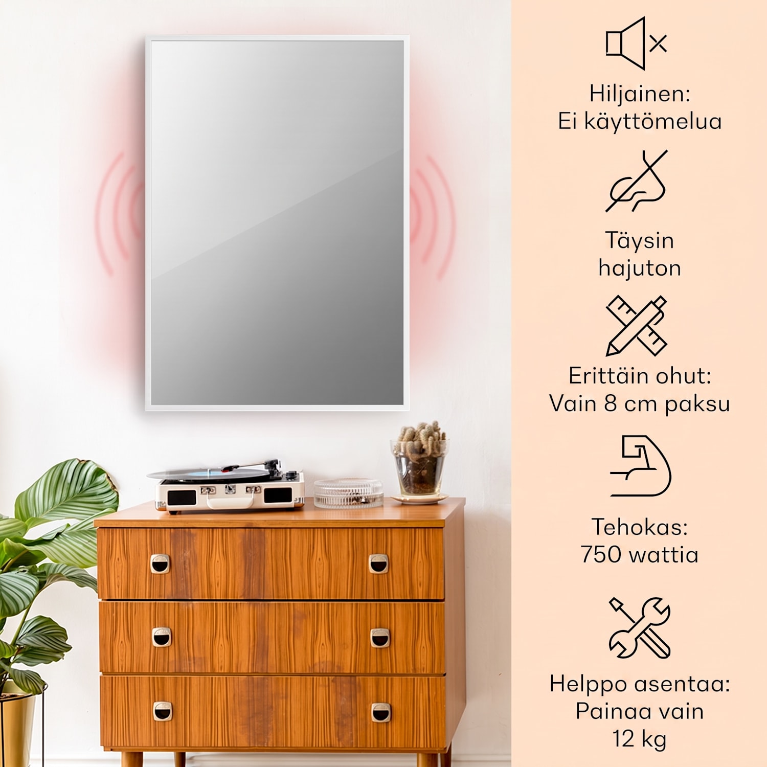 La Palma 750 smart 2 in 1 -lämmitin infrapuna konvektori 85x60 cm 750W peilaava etupuoli 60 x 85 cm | 750 W | Valkoinen
