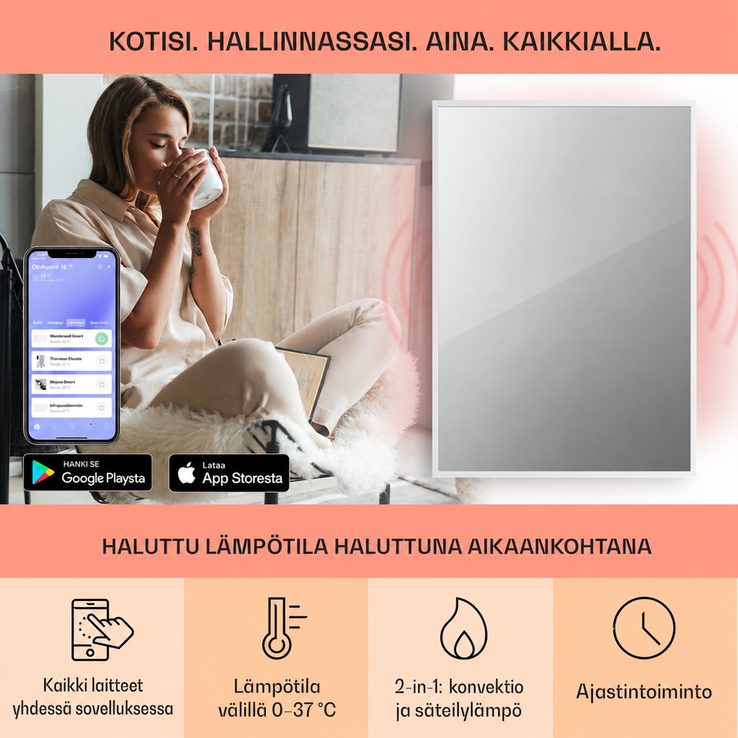 La Palma 750 smart 2 in 1 -lämmitin infrapuna konvektori 85x60 cm 750W peilaava etupuoli 60 x 85 cm | 750 W | Valkoinen