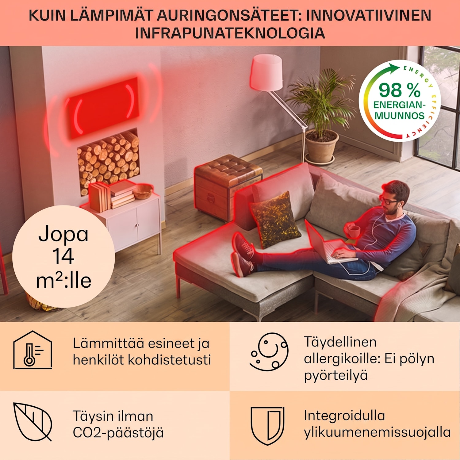 La Palma 750 smart 2 in 1 -lämmitin infrapuna konvektori 85x60 cm 750W peilaava etupuoli 60 x 85 cm | 750 W | Valkoinen