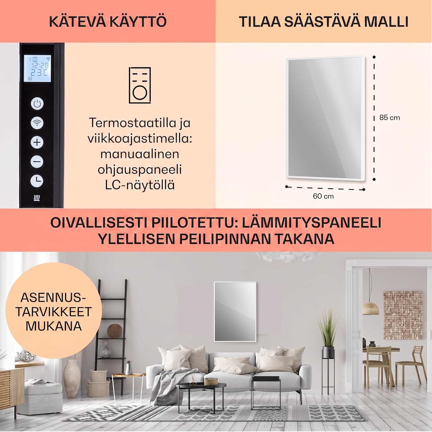 La Palma 750 smart 2 in 1 -lämmitin infrapuna konvektori 85x60 cm 750W peilaava etupuoli 60 x 85 cm | 750 W | Valkoinen