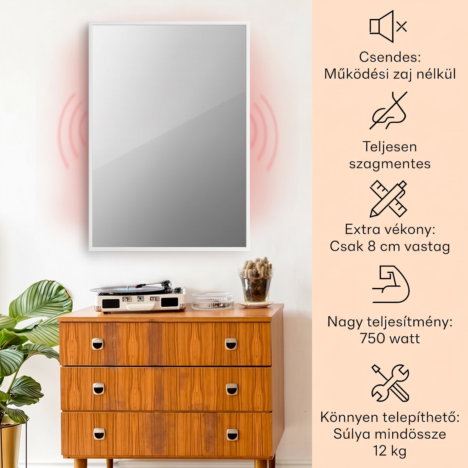 La Palma 750 smart, infravörös hősugárzó 2 az 1-ben, 85 x 60 cm, 750 W, tükör elülső rész 60 x 85 cm | 750 W | Fehér