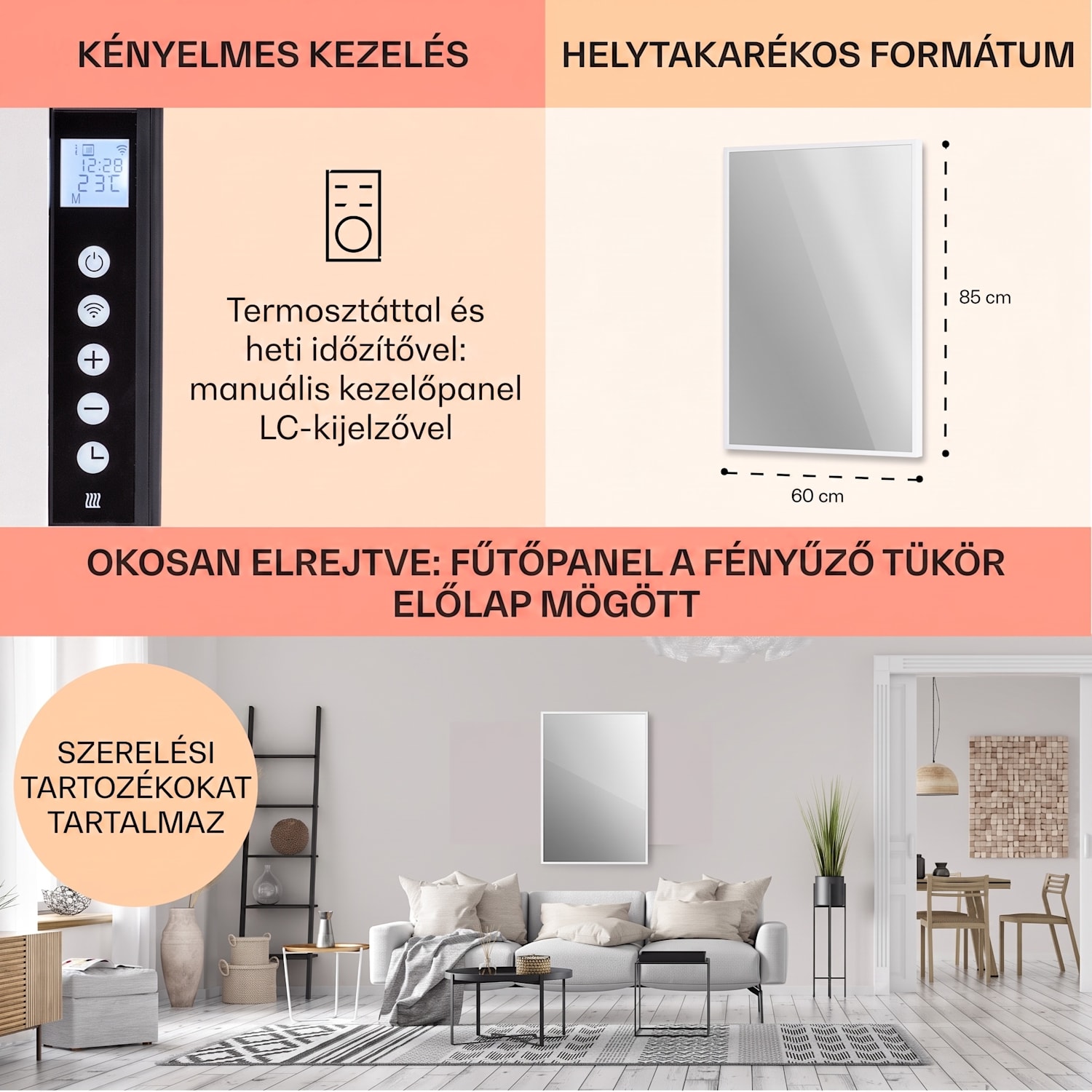 La Palma 750 smart, infravörös hősugárzó 2 az 1-ben, 85 x 60 cm, 750 W, tükör elülső rész 60 x 85 cm | 750 W | Fehér