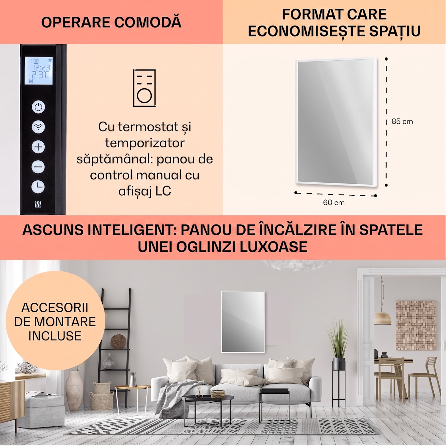 La Palma 750 încălzitor smart 2 în 1 Convector infraroșu 85 x 60 cm 750 W partea frontală cu oglindă 