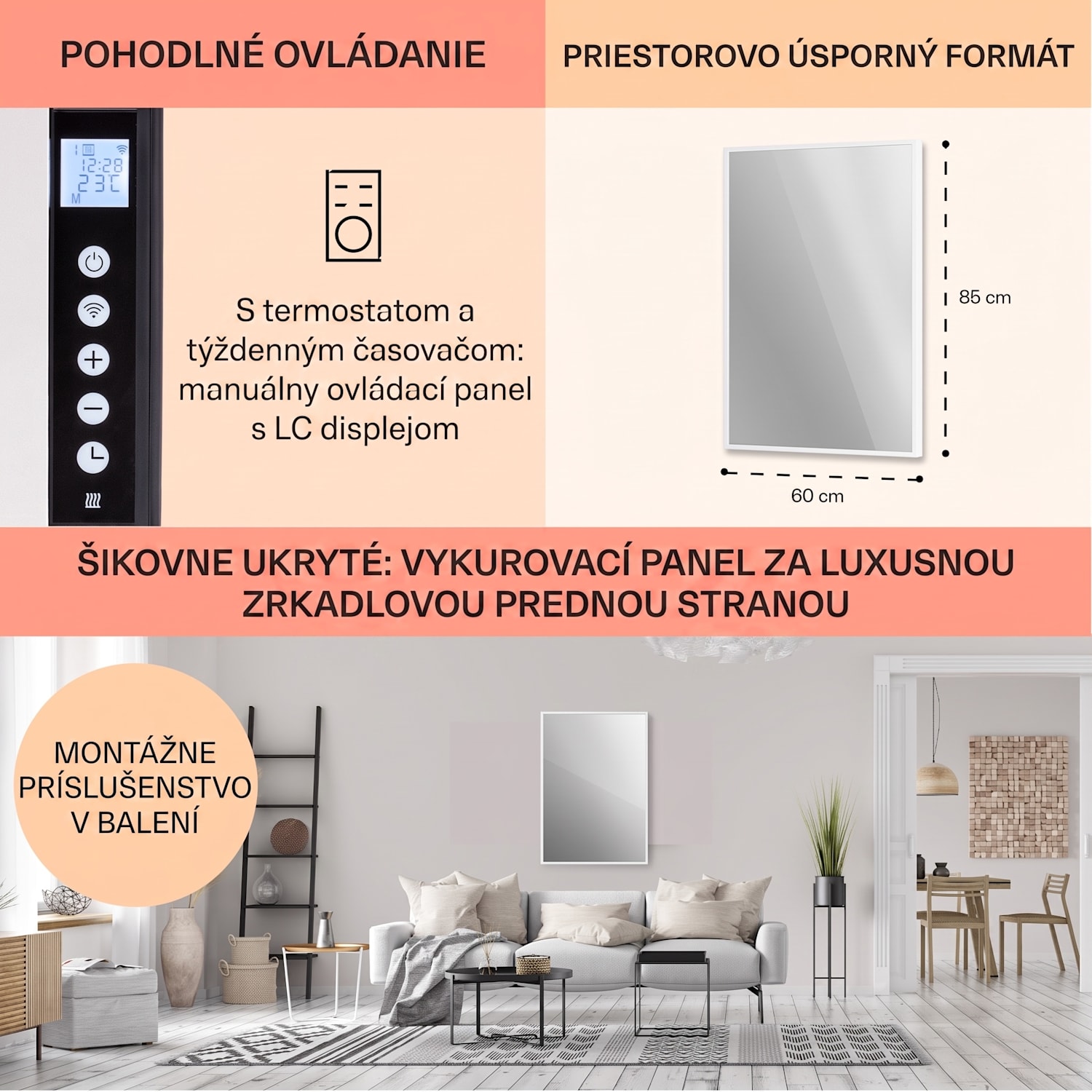La Palma 750 smart, infračervený ohrievač 2 v 1, 85 x 60 cm, 750W, zrkadlová predná časť 60 x 85 cm | 750 W | Biela