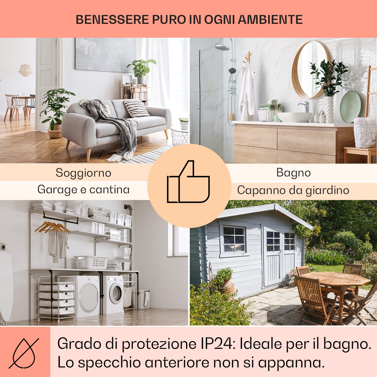 Stufa intelligente 2-in-1 La Palma 750 Termoconvettore a infrarossi 85x60cm 750W Specchio frontale 750 W (60 x 85 cm) | Argento metallizzato