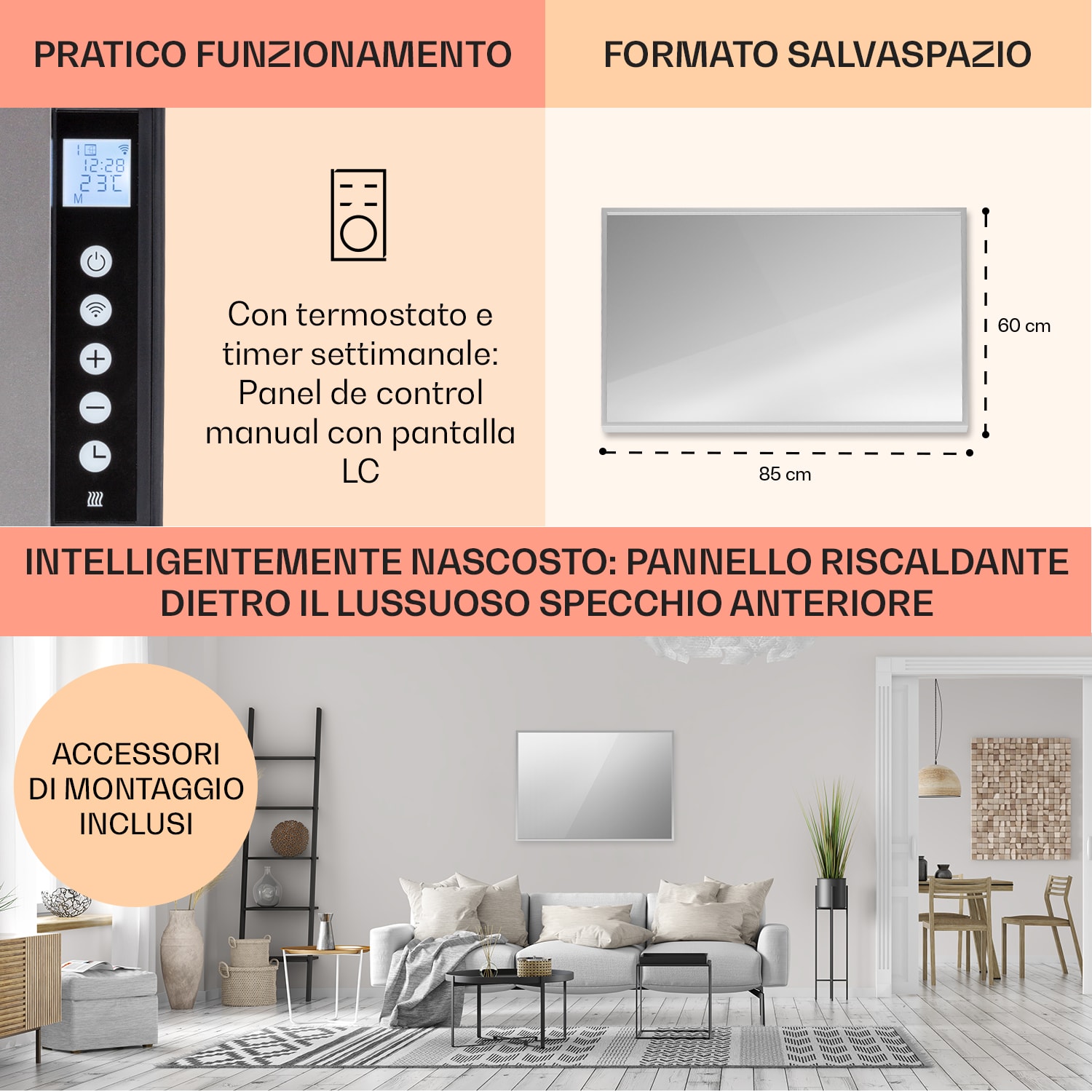 Stufa intelligente 2-in-1 La Palma 750 Termoconvettore a infrarossi 85x60cm 750W Specchio frontale 750 W (60 x 85 cm) | Argento metallizzato