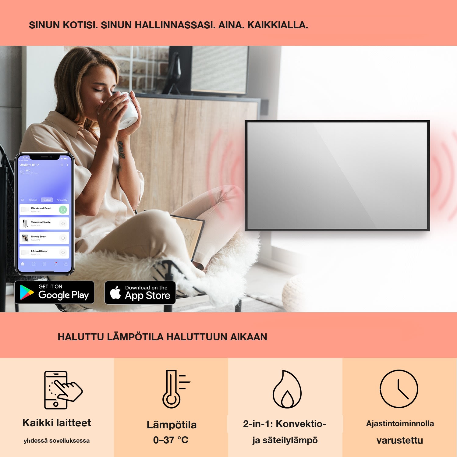 La Palma 1000 smart 2 in 1 -lämmitin infrapuna konvektori 120x60cm 1000W peili 