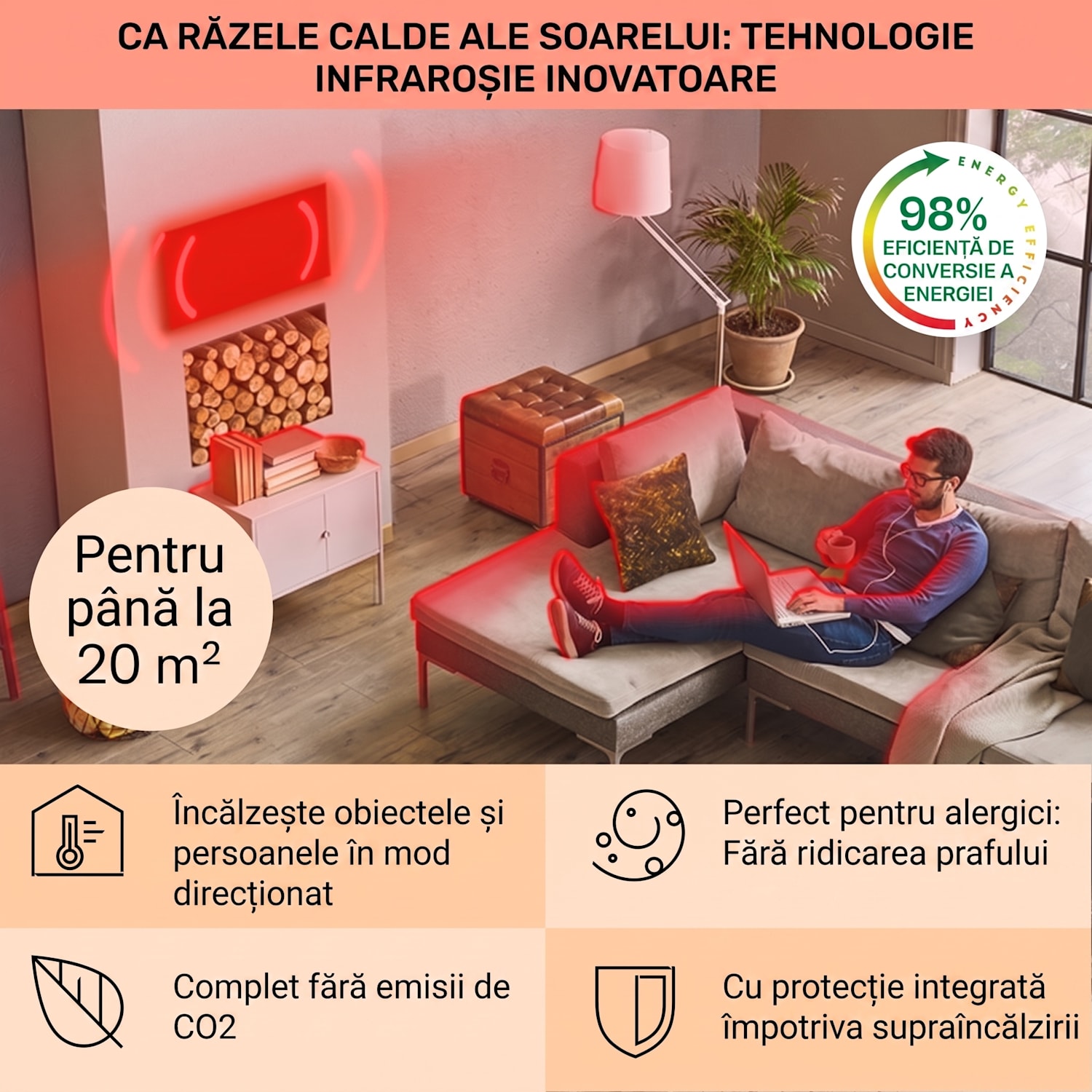 La Palma 1000 smart, încălzitor 2 în 1, infraroșu 120 x 60 cm, 1000 W, partea frontală cu oglindă 