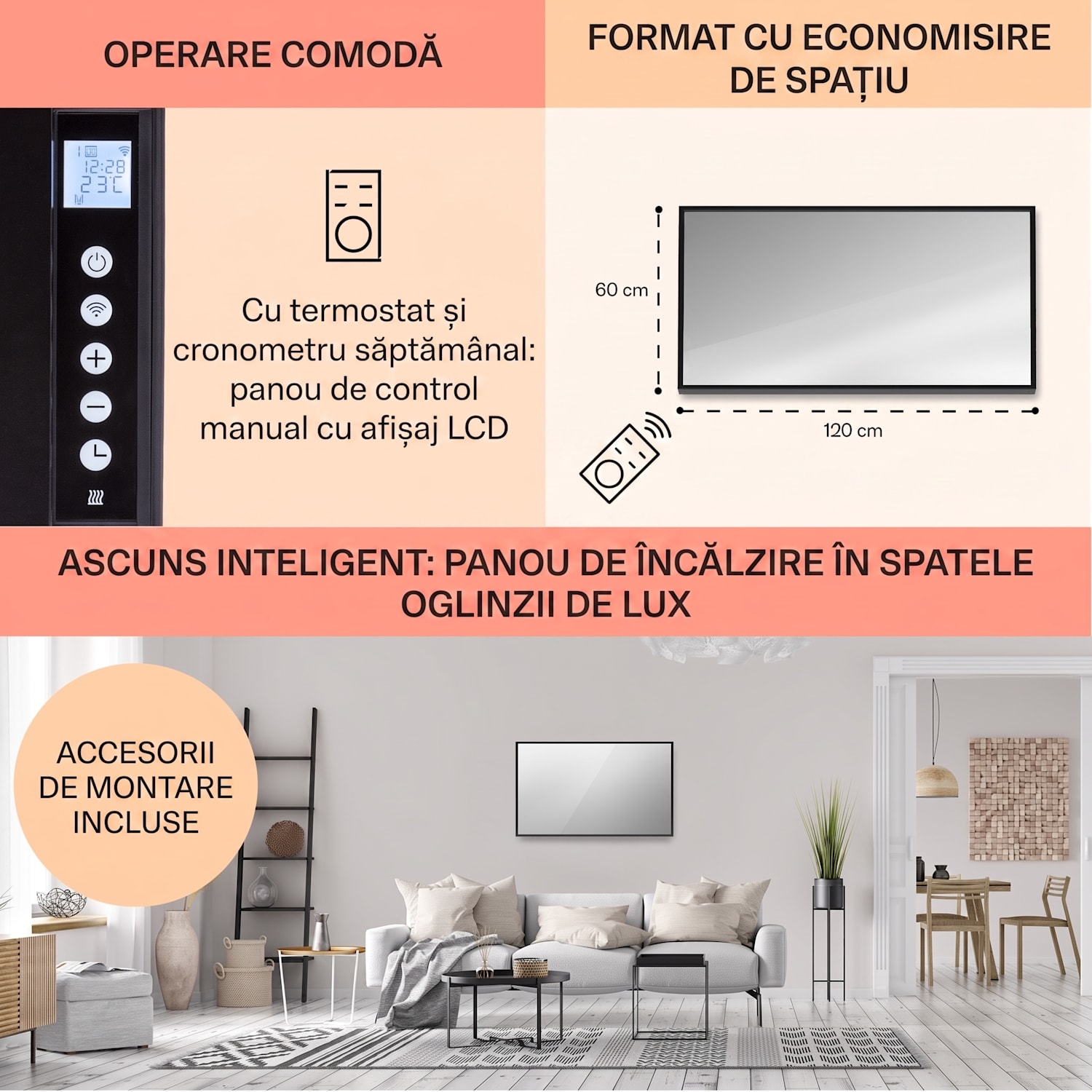 La Palma 1000 smart, încălzitor 2 în 1, infraroșu 120 x 60 cm, 1000 W, partea frontală cu oglindă 