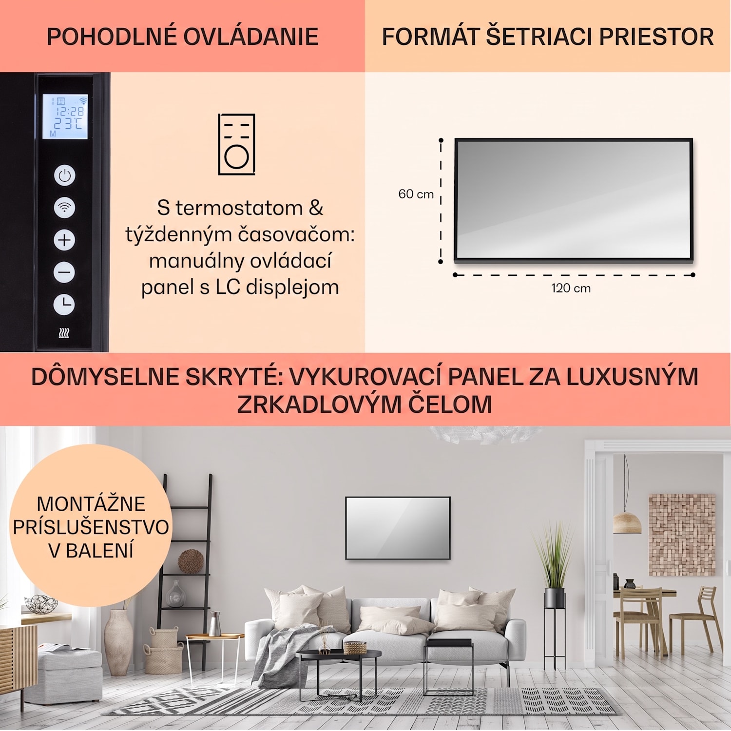 La Palma 1000 smart, infračervený ohrievač 2 v 1, 120 x 60 cm, 1000 W, zrkadlová predná časť 60 x 120 cm | 1000 W | Čierna