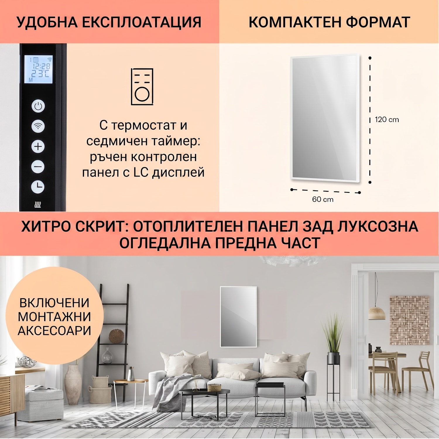 La Palma 1000 smart, отоплител, 2 in 1, инфрачервен, 120x60 см, 1000W, Огледална предна част 60 x 120 cm | 1000 W | Бял