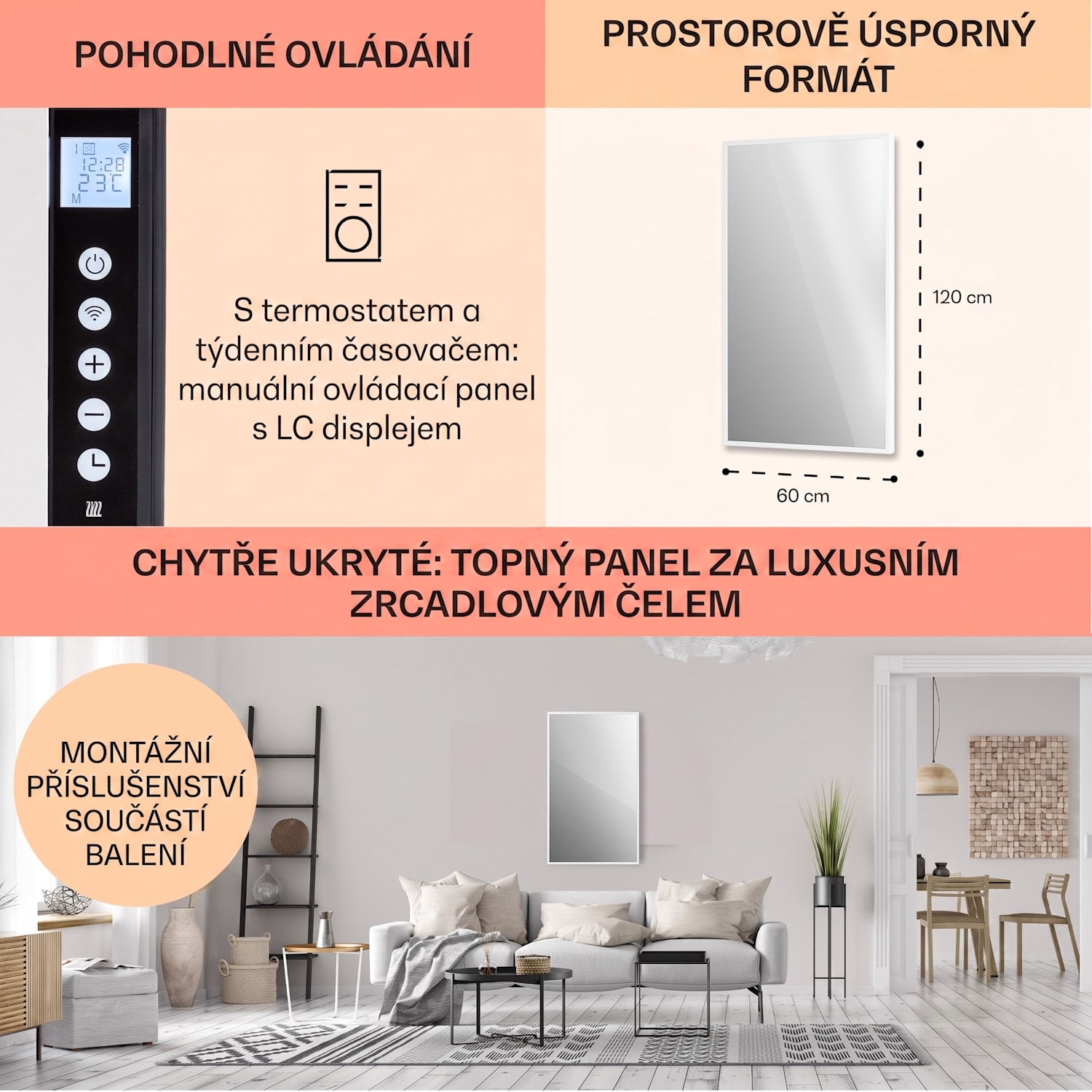 La Palma 1000, infračervený ohřívač 2 v 1, smart, 120 x 60 cm, 1000 W, zrcadlová přední strana 60 x 120 cm | 1000 W | Bílá