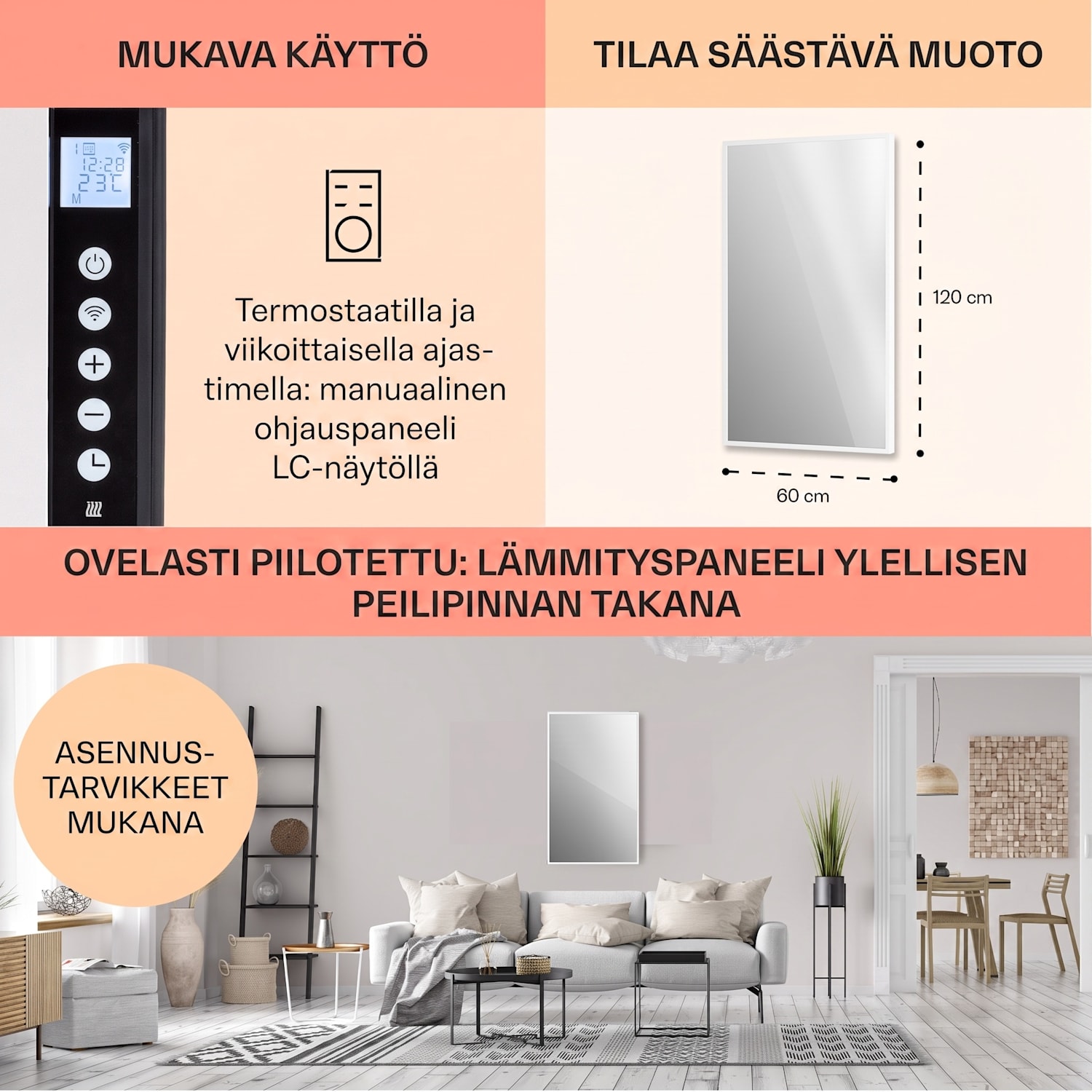 La Palma 1000 smart 2 in 1 -lämmitin infrapuna konvektori 120x60cm 1000W peili 60 x 120 cm | 1000 W | Valkoinen