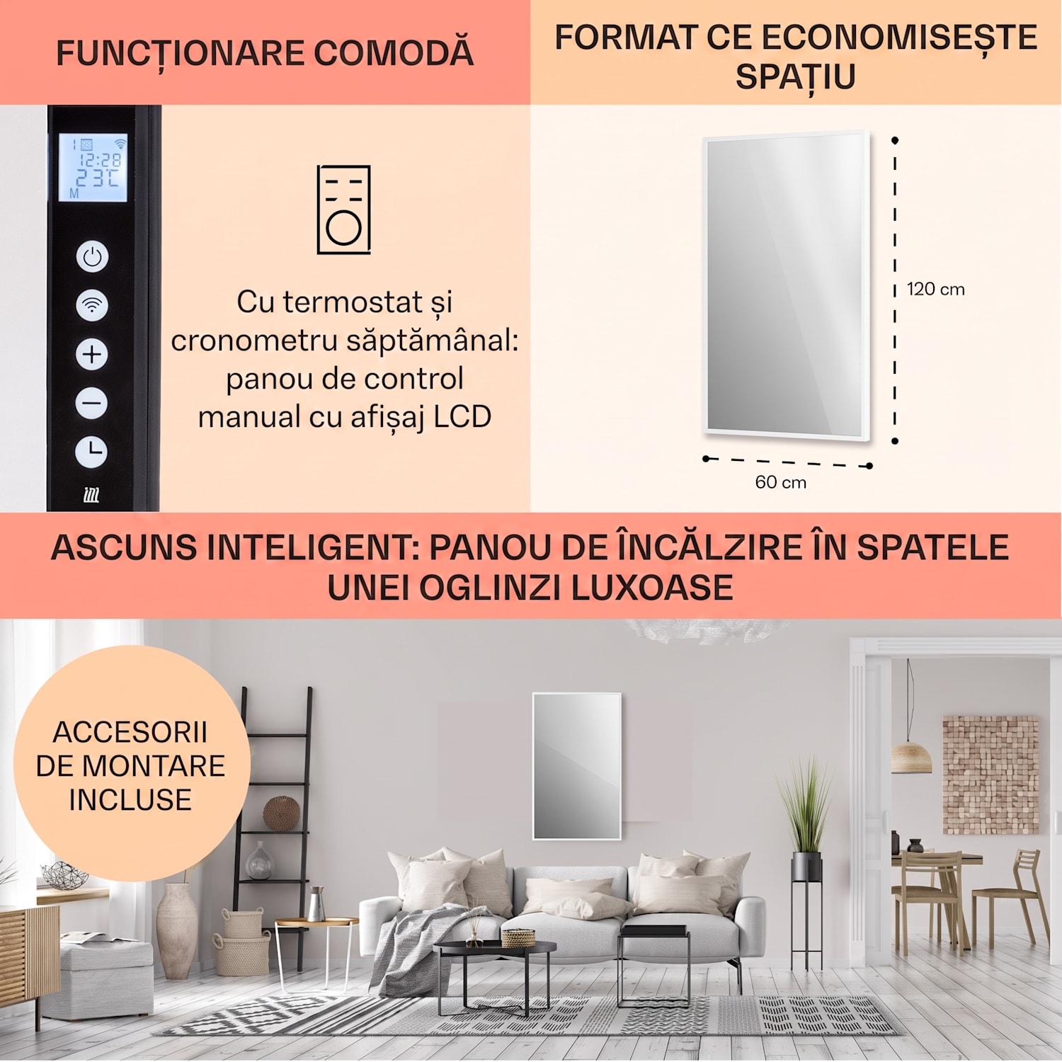 La Palma 1000 smart, încălzitor 2 în 1, infraroșu 120 x 60 cm, 1000 W, partea frontală cu oglindă 