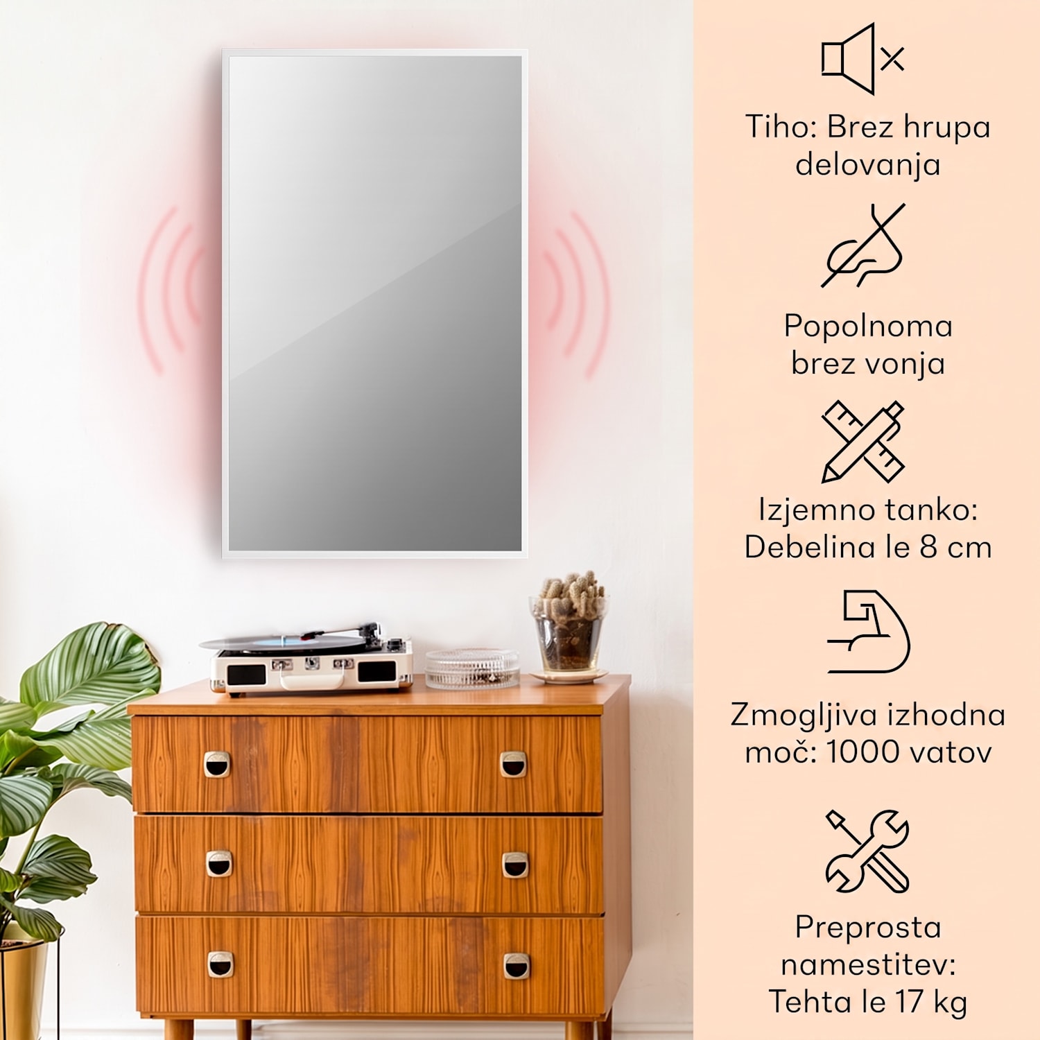La Palma 1000 smart, pametni grelnik, 2 v 1, Infrardeči, 120x60cm, 1000W, ogledalo spredaj 60 x 120 cm | 1000 W | Bela