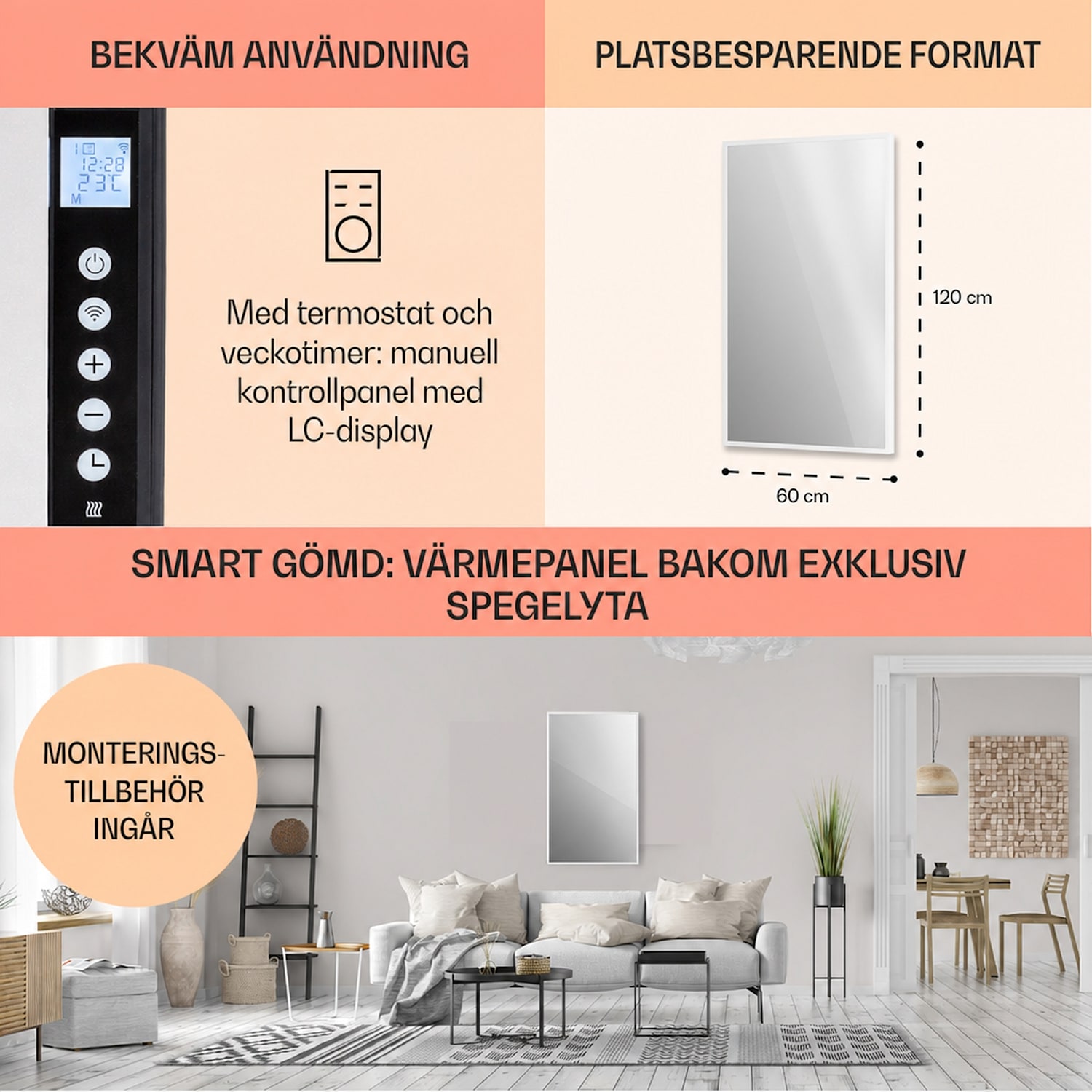 La Palma 1000 smart 2-i-1 infravärmare konvektor 120 x 60 cm 1 000 W spegelfront 60 x 120 cm | 1000 W | Vit