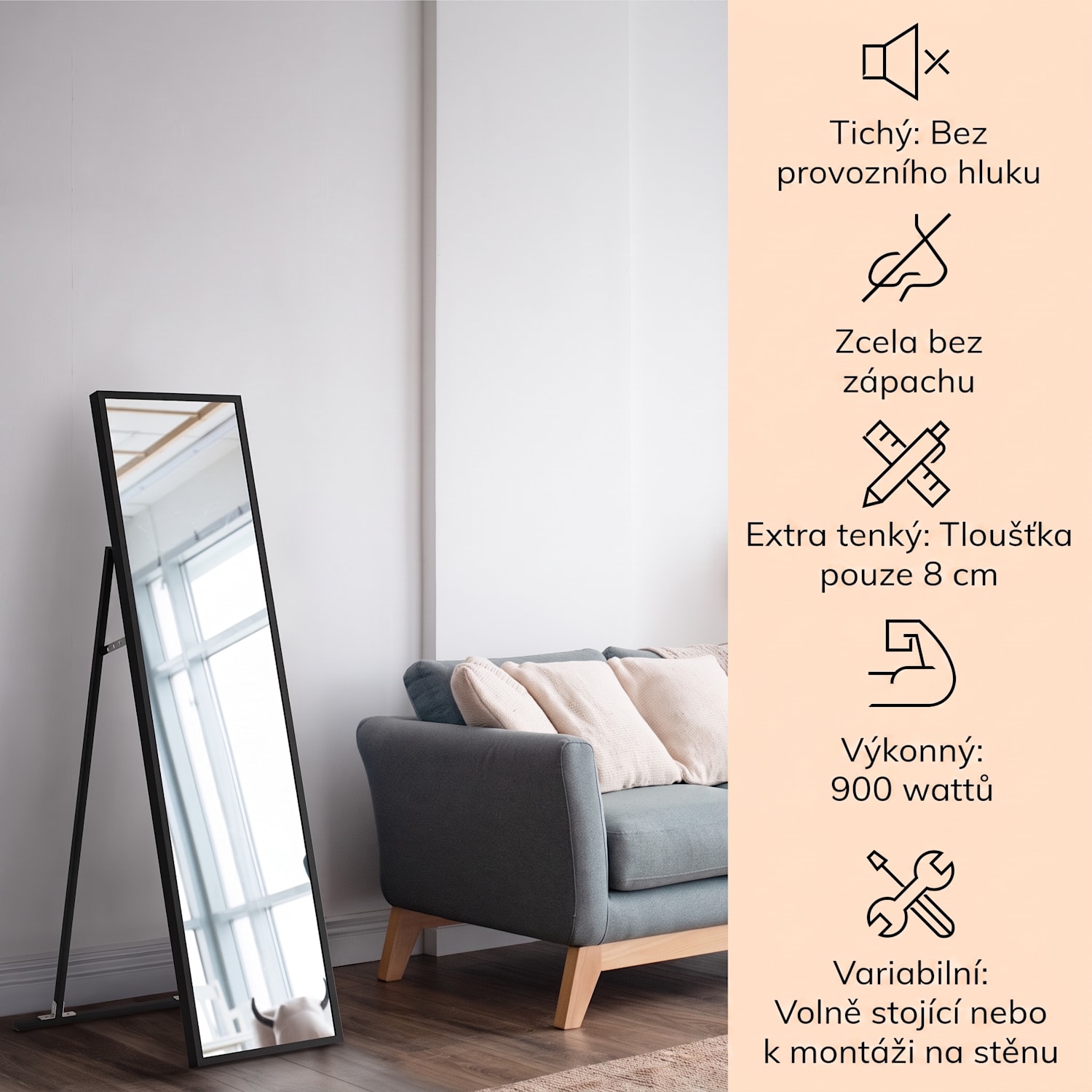 La Palma 900, infračervený ohřívač 2 v 1, smart, 40 x 160 cm, 900 W, zrcadlová přední strana 40 x 160 cm | 900 W | Černá