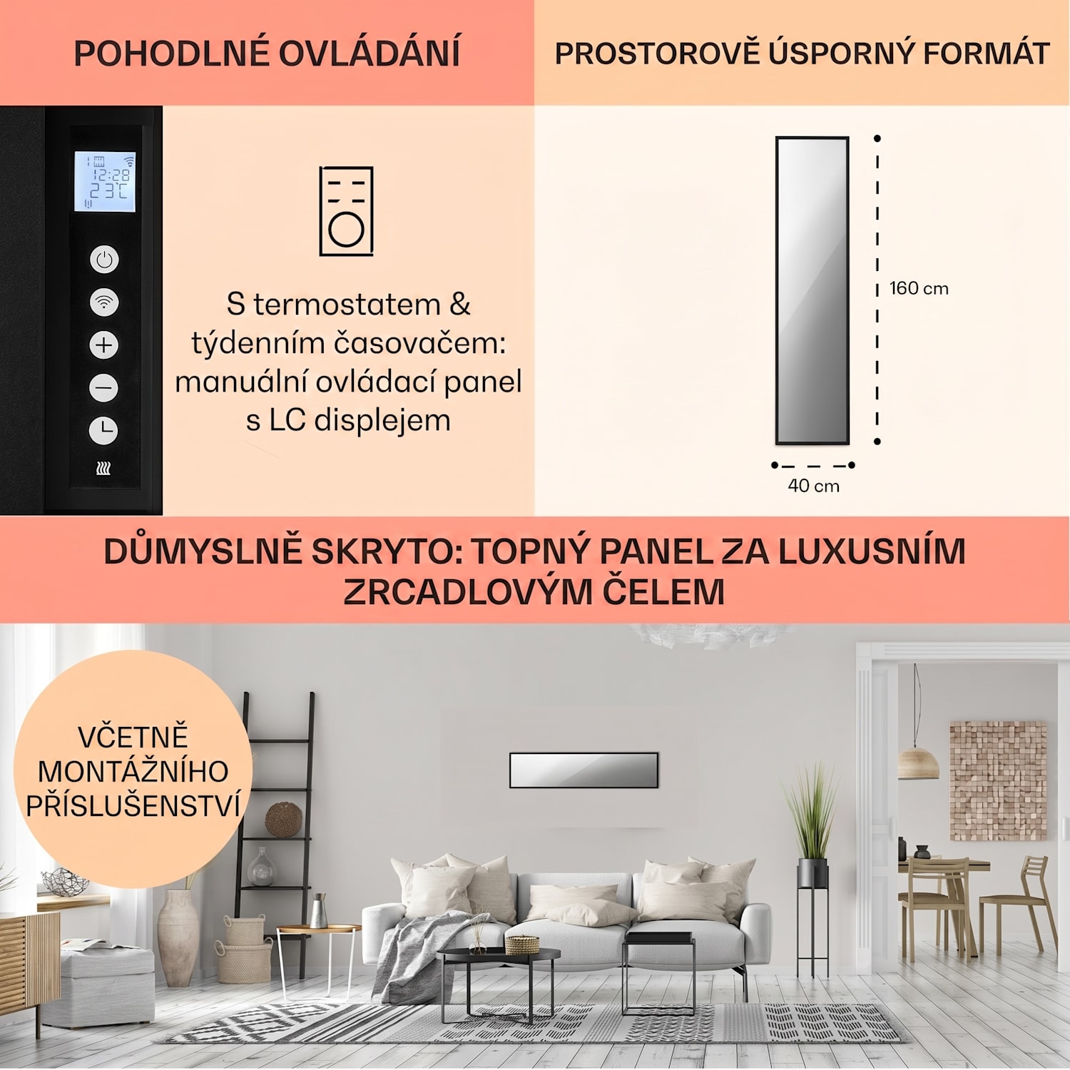 La Palma 900, infračervený ohřívač 2 v 1, smart, 40 x 160 cm, 900 W, zrcadlová přední strana 40 x 160 cm | 900 W | Černá