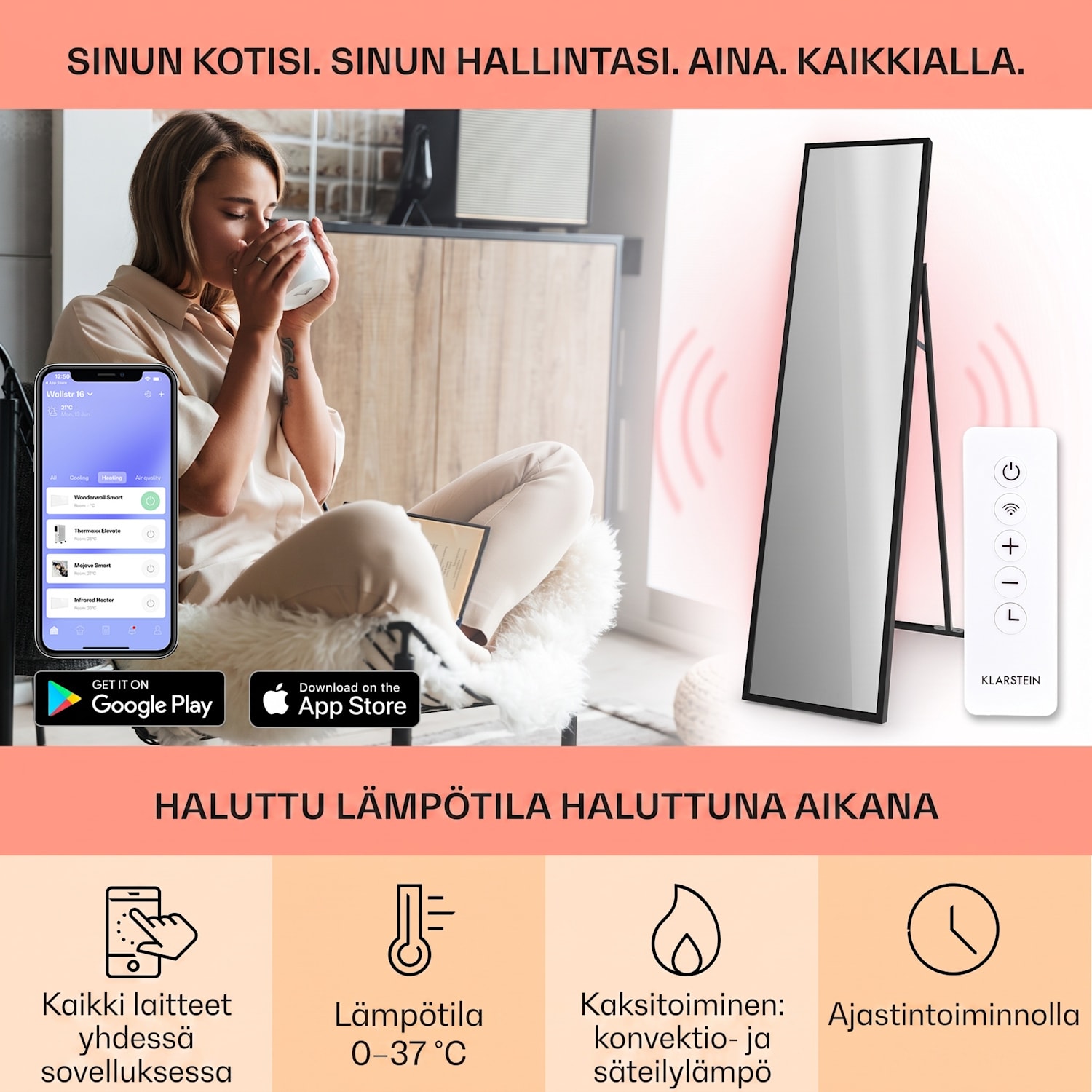 La Palma 900 smart -infrapunalämmitin konvektori 40x160cm 900W peili jalka 40 x 160 cm | 900 W | Musta