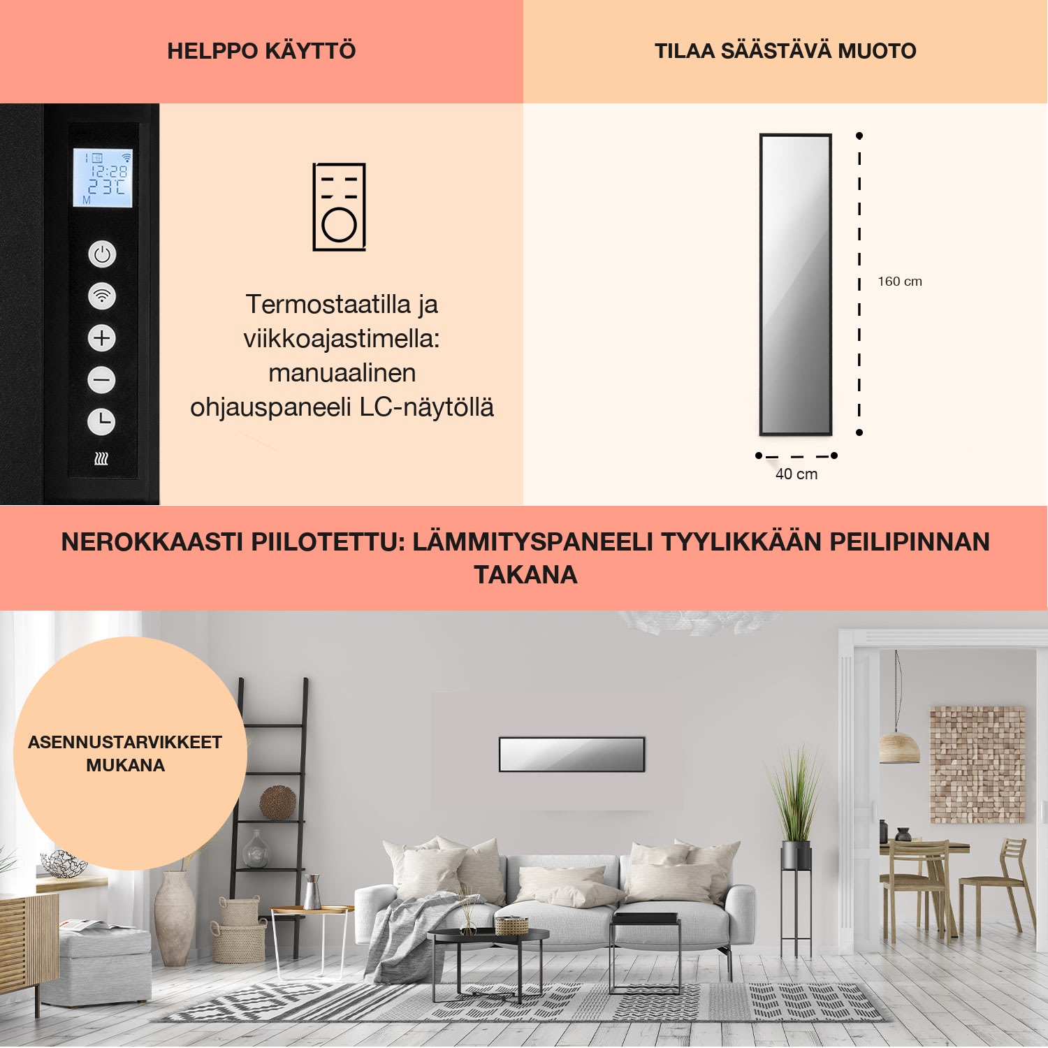La Palma 900 smart -infrapunalämmitin konvektori 40x160cm 900W peili jalka 40 x 160 cm | 900 W | Musta