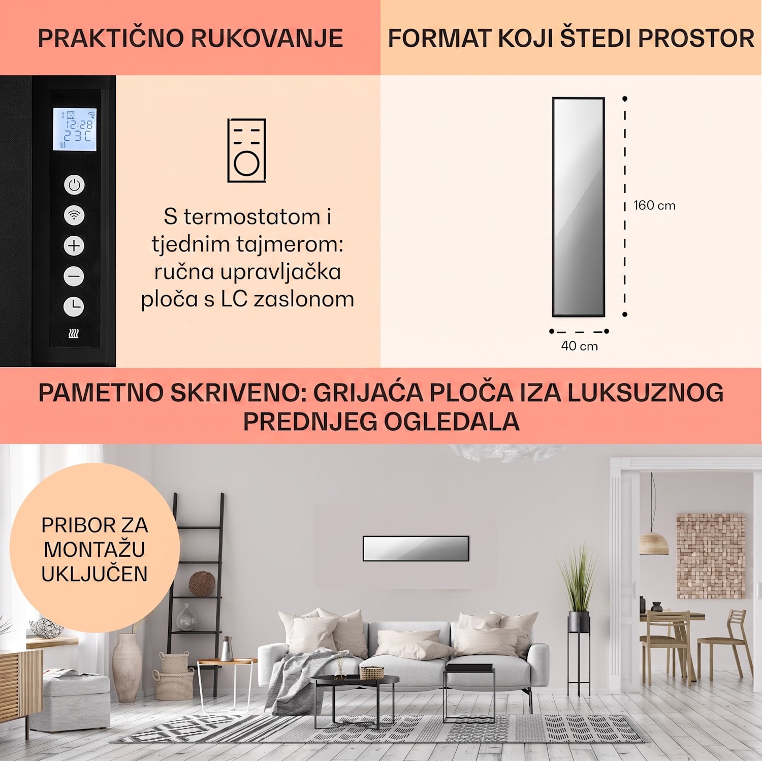 La Palma 900 pametni infracrveni grijač konvektor 40 x 160cm 900W stalak za ogledalo 