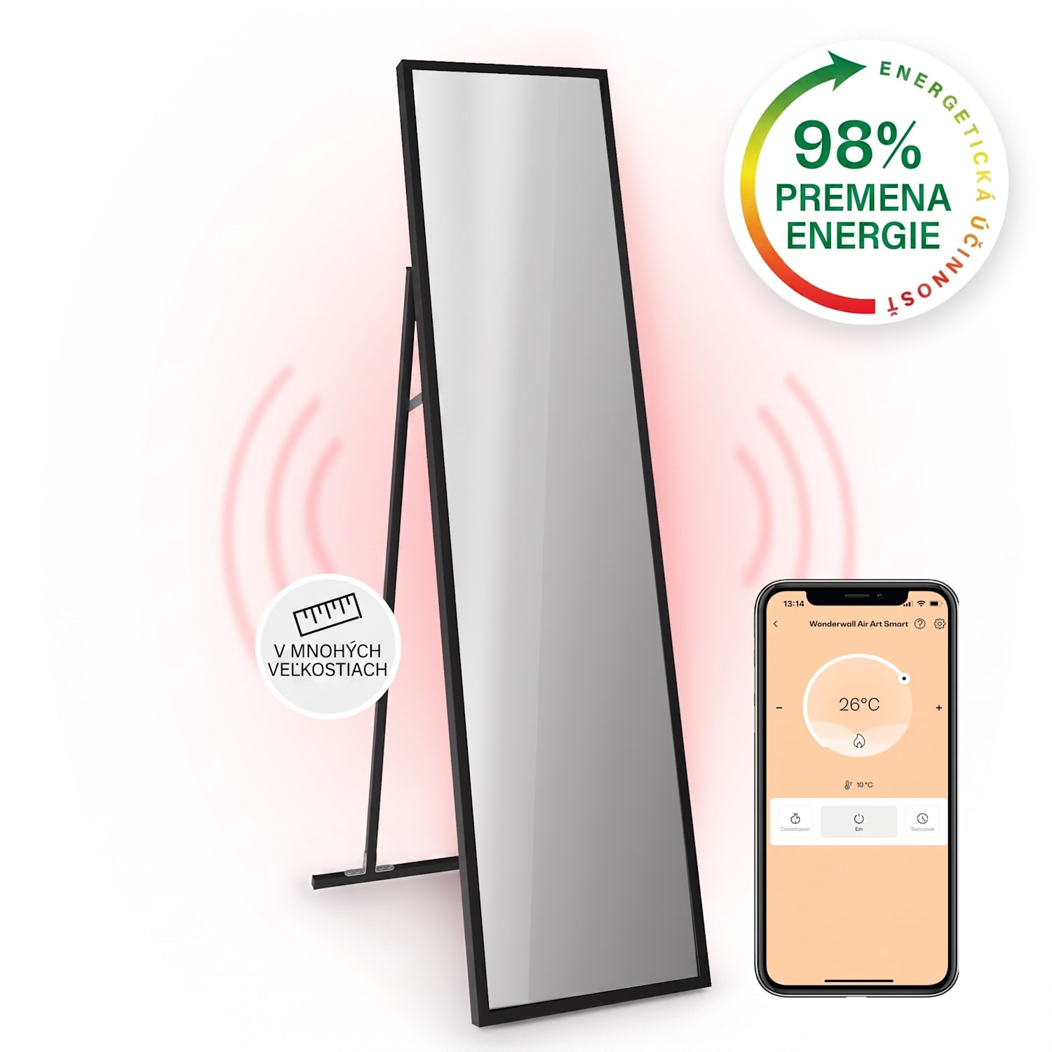 La Palma 900 smart, infračervený ohrievač, 40 x 160 cm, 900 W, zrkadlový stojan 40 x 160 cm | 900 W | Čierna