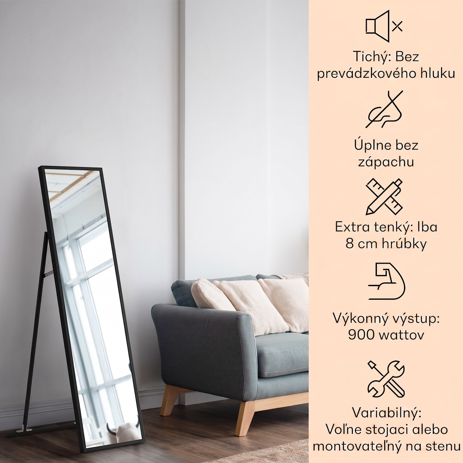 La Palma 900 smart, infračervený ohrievač, 40 x 160 cm, 900 W, zrkadlový stojan 40 x 160 cm | 900 W | Čierna
