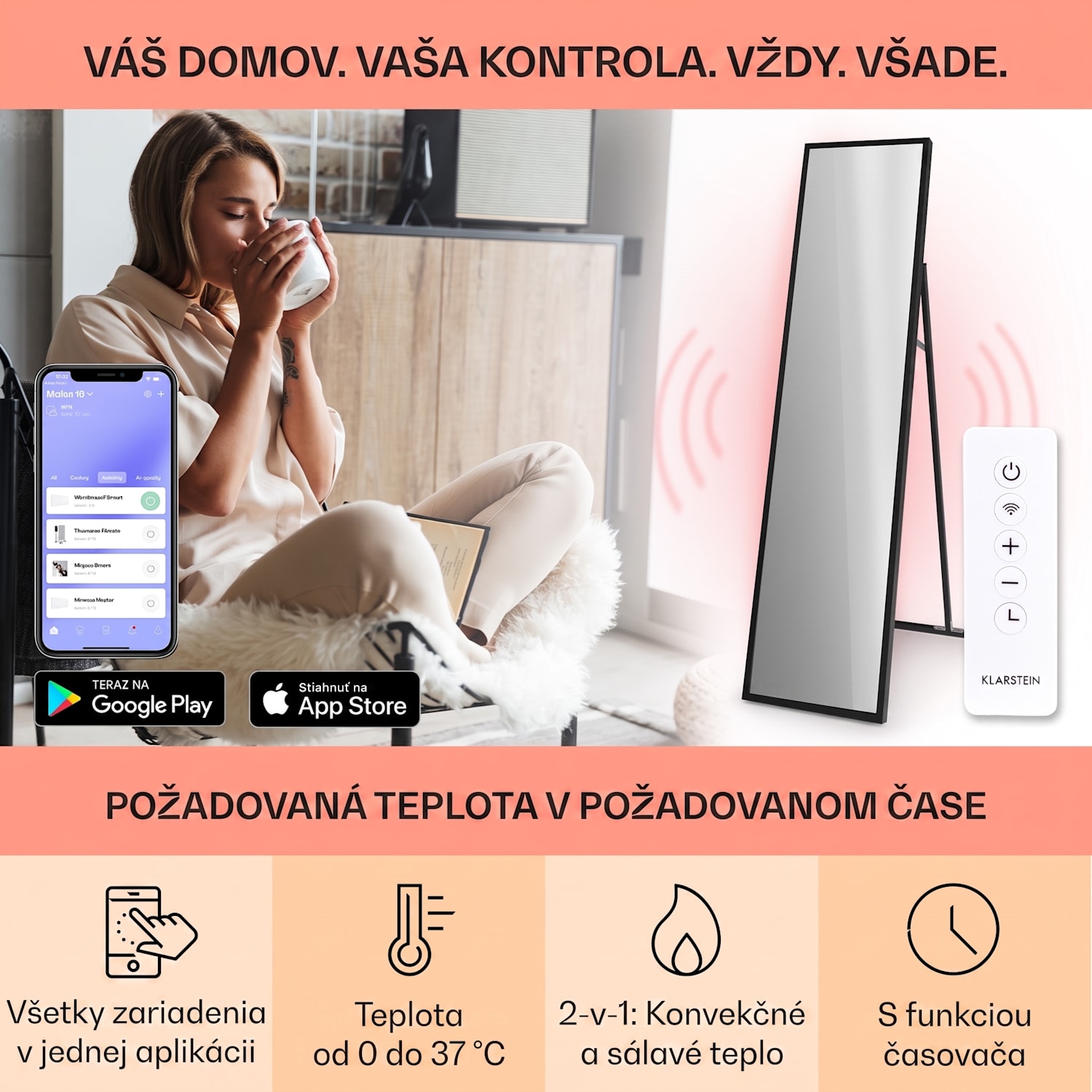 La Palma 900 smart, infračervený ohrievač, 40 x 160 cm, 900 W, zrkadlový stojan 40 x 160 cm | 900 W | Čierna