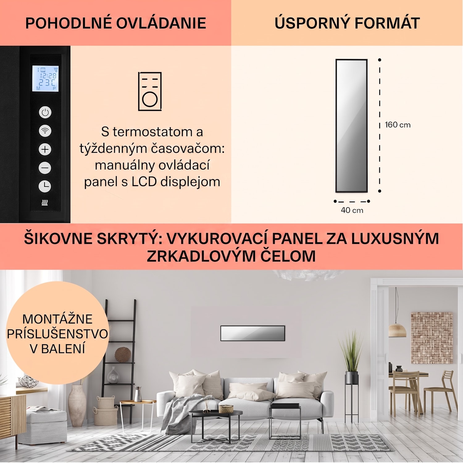 La Palma 900 smart, infračervený ohrievač, 40 x 160 cm, 900 W, zrkadlový stojan 40 x 160 cm | 900 W | Čierna