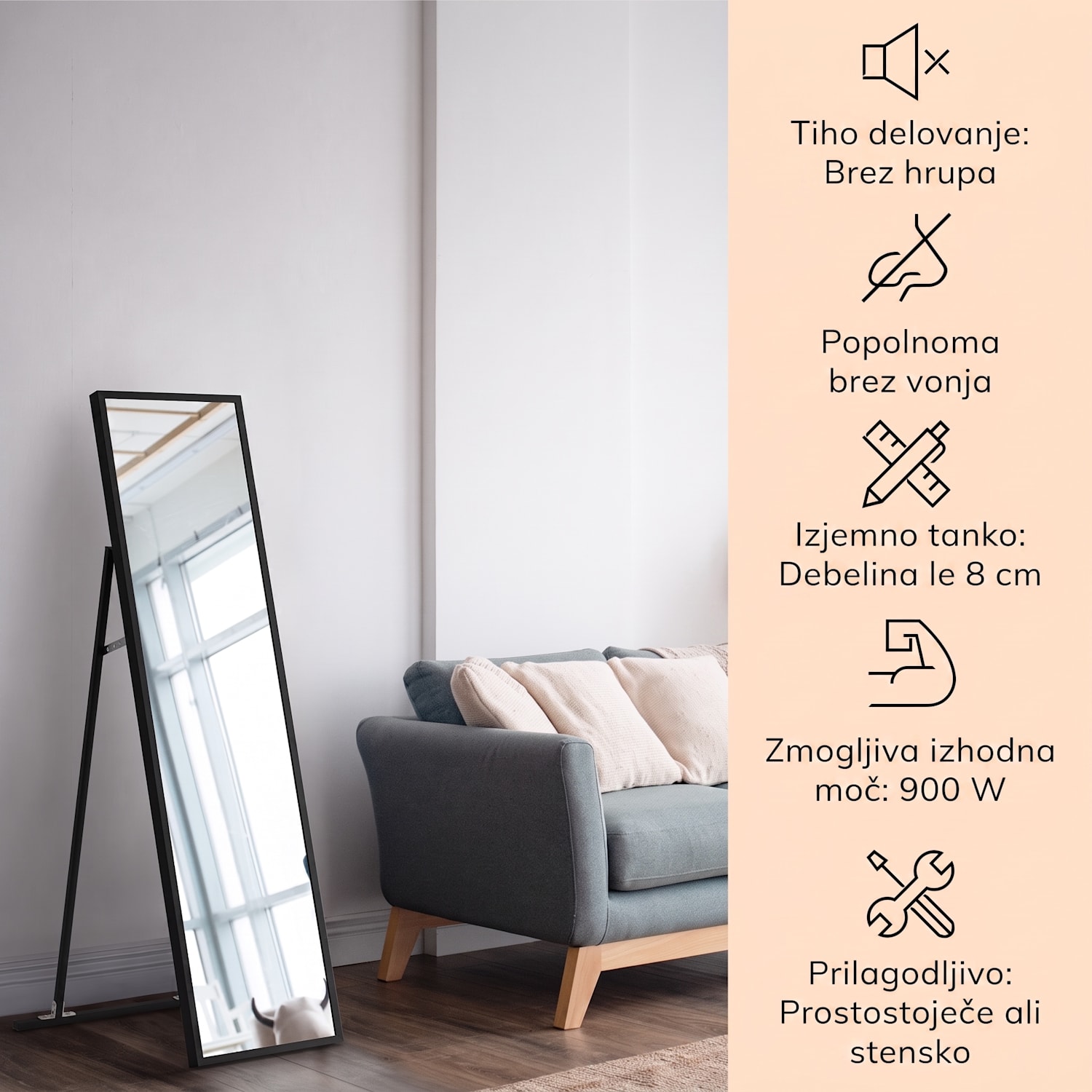 La Palma 900 smart, infrardeči grelnik, 40 x 160cm, 900W, stojalo za ogledalo 40 x 160 cm | 900 W | Črna