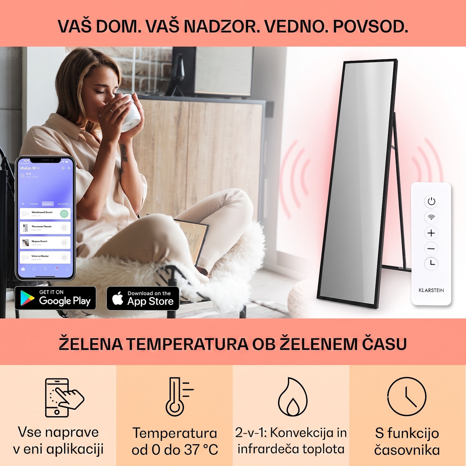 La Palma 900 smart, infrardeči grelnik, 40 x 160cm, 900W, stojalo za ogledalo 40 x 160 cm | 900 W | Črna