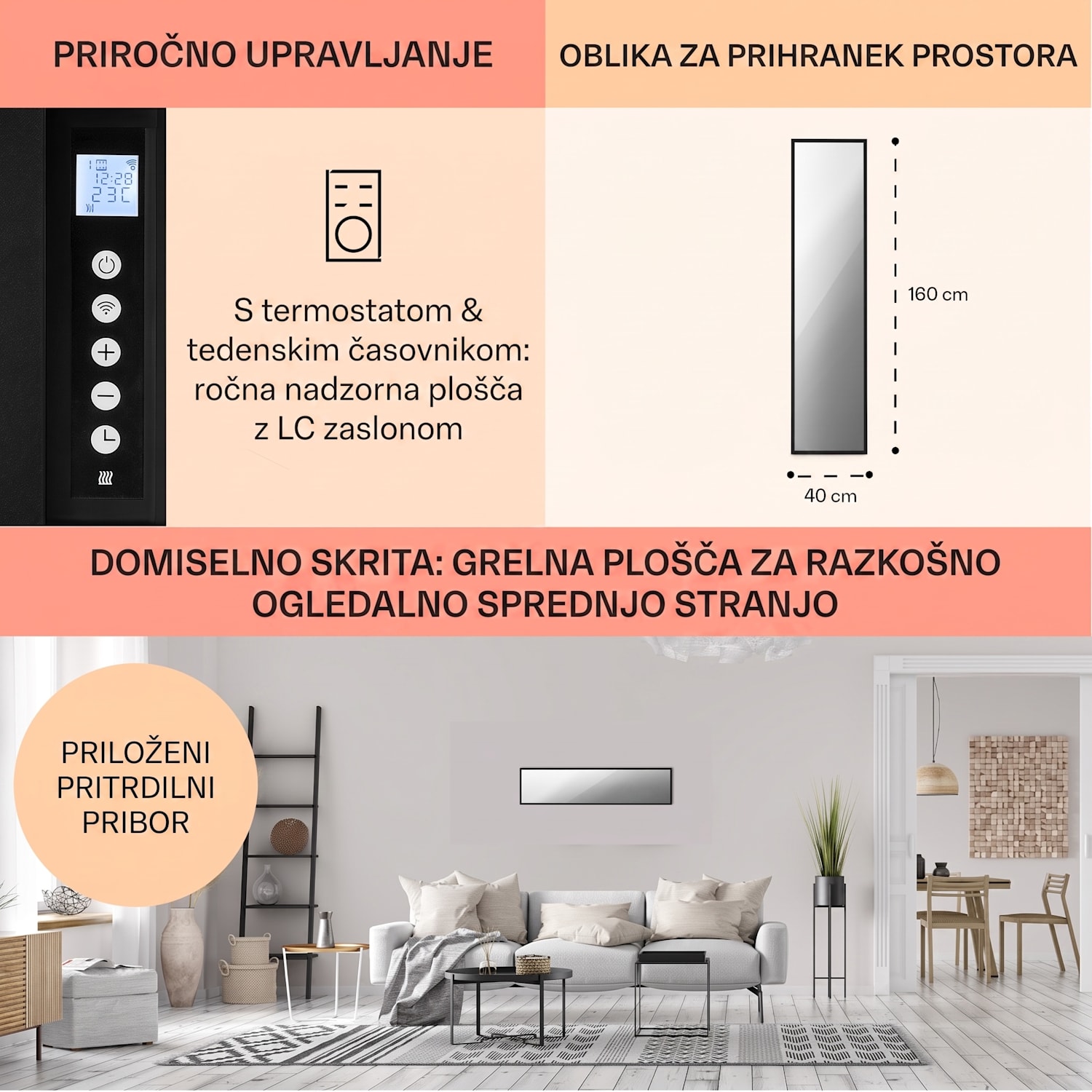 La Palma 900 smart, infrardeči grelnik, 40 x 160cm, 900W, stojalo za ogledalo 40 x 160 cm | 900 W | Črna