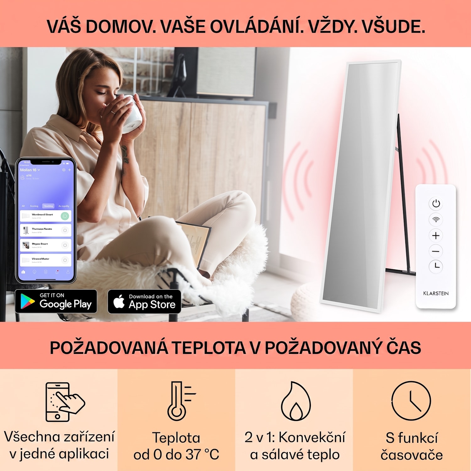 La Palma 900, infračervený ohřívač 2 v 1, smart, 40 x 160 cm, 900 W, zrcadlová přední strana 40 x 160 cm | 900 W | Bílá