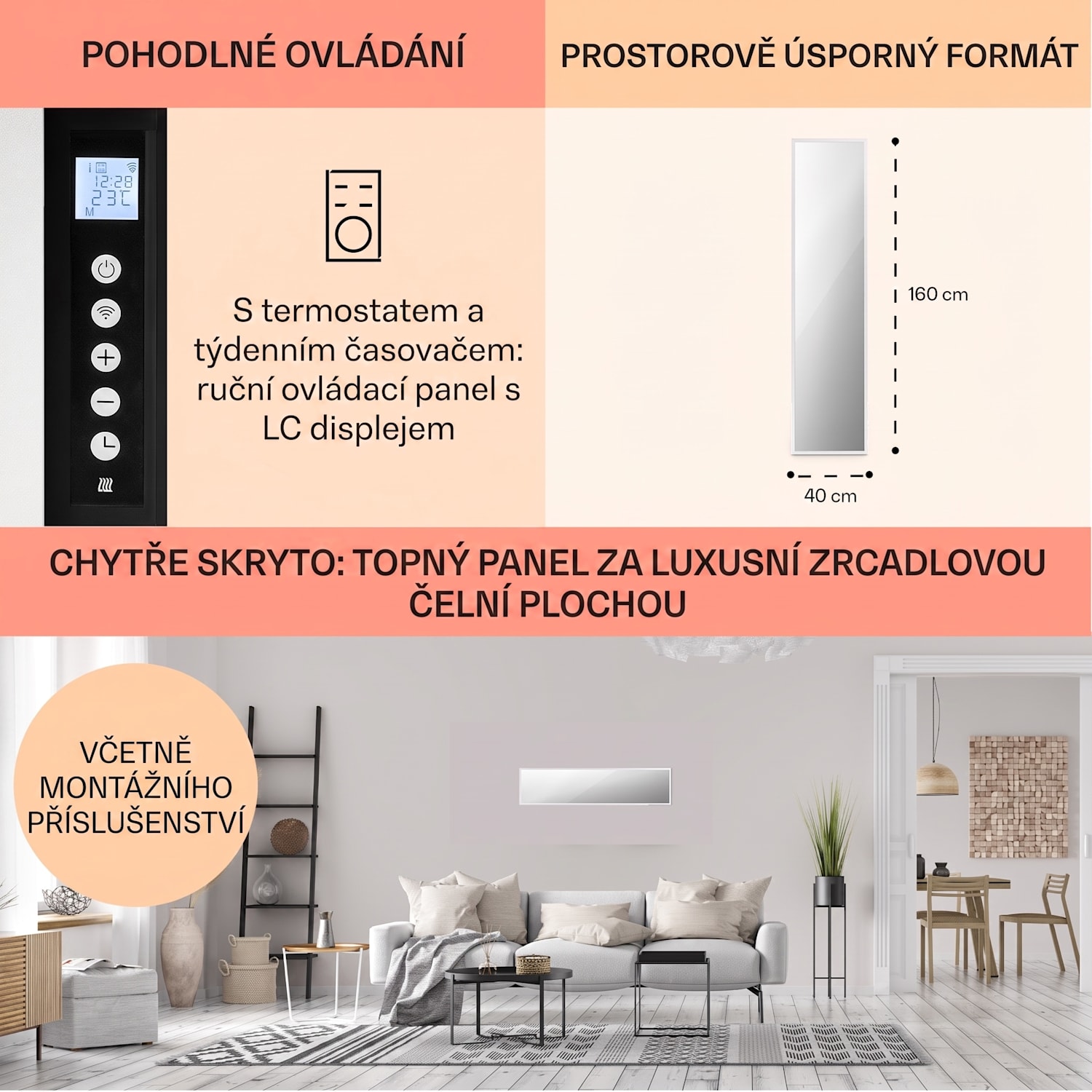 La Palma 900, infračervený ohřívač 2 v 1, smart, 40 x 160 cm, 900 W, zrcadlová přední strana 40 x 160 cm | 900 W | Bílá