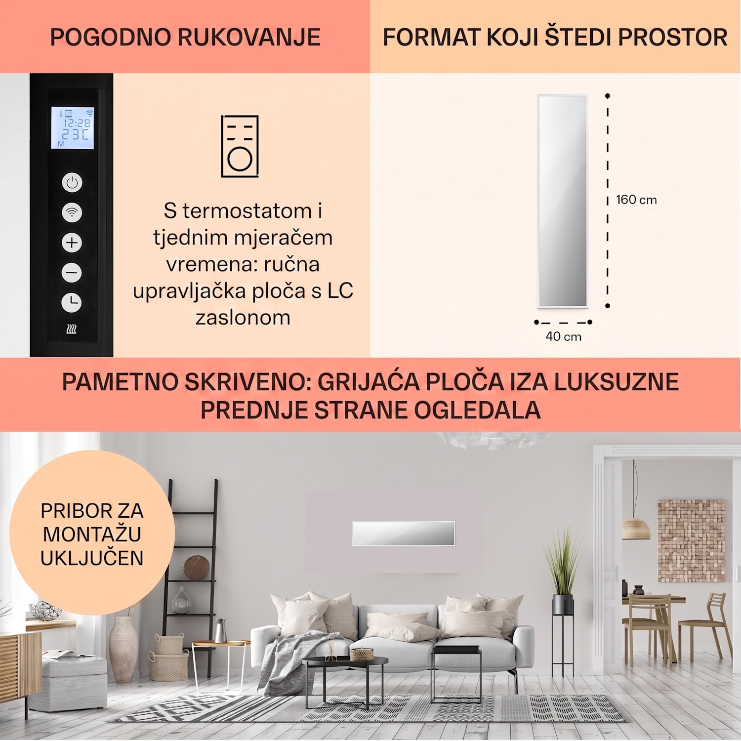 La Palma 900 pametni infracrveni grijač konvektor 40 x 160cm 900W stalak za ogledalo 40 x 160 cm | 900 W | Bijela