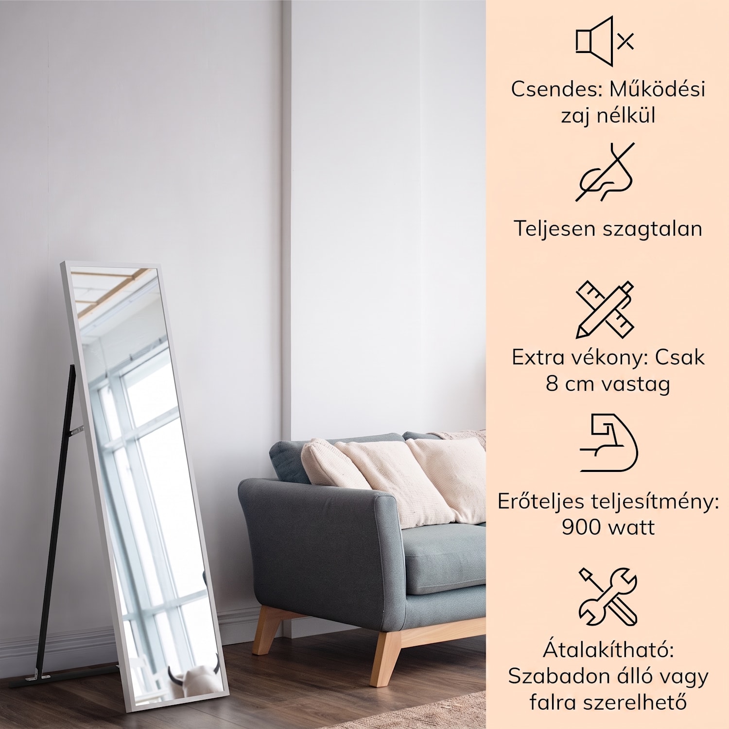 La Palma 900 smart, infravörös hősugárzó, 40 x 160 cm, 900 W, tükörállvány 40 x 160 cm | 900 W | Fehér